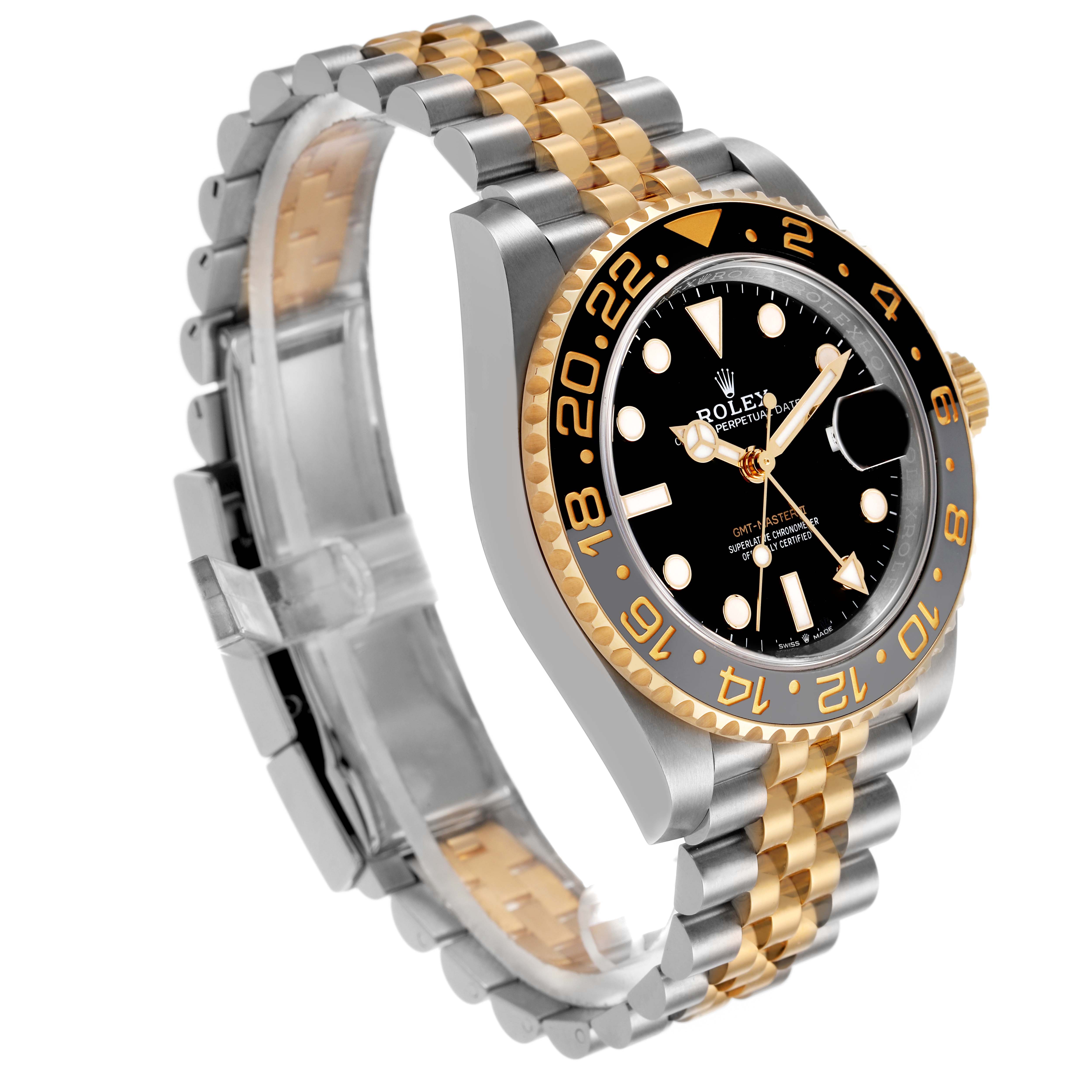 This Rolex GMT-Master 126713GRNR Men's Steel and Gold (two tone) Black Dial watch is shown at a side angle, highlighting the bezel, face, bracelet, and crown.
