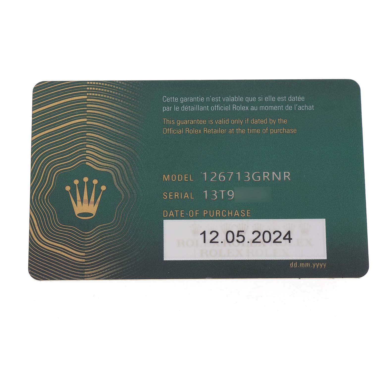 The image shows a warranty card for the Rolex GMT-Master 126713GRNR Men's Steel and Gold (two tone) Black Dial model, displaying model, serial number, and purchase date.