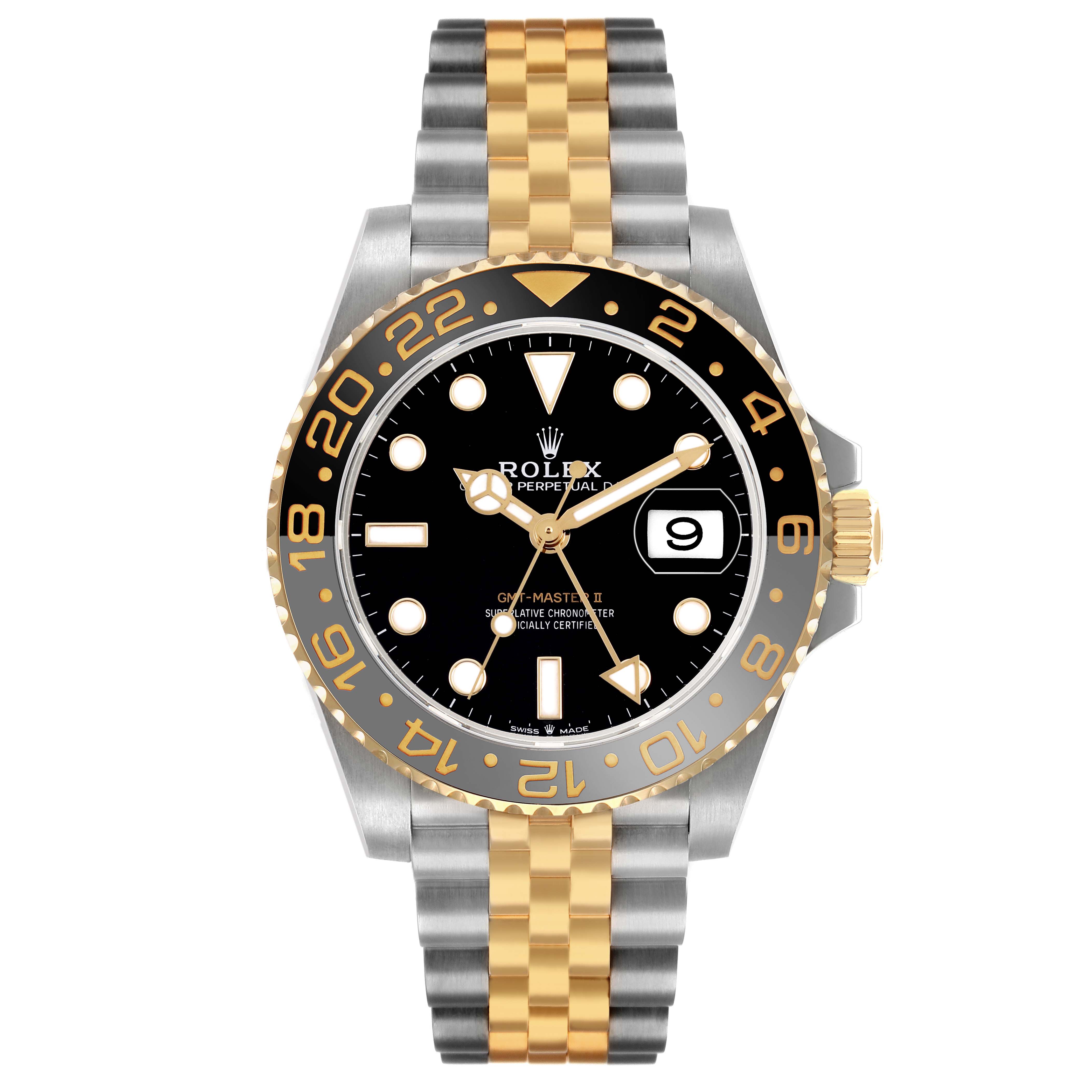 The Rolex GMT-Master 126713GRNR Men's Steel and Gold (two tone) Black Dial watch is shown from a front view, highlighting its bezel, dial, bracelet, and date feature.