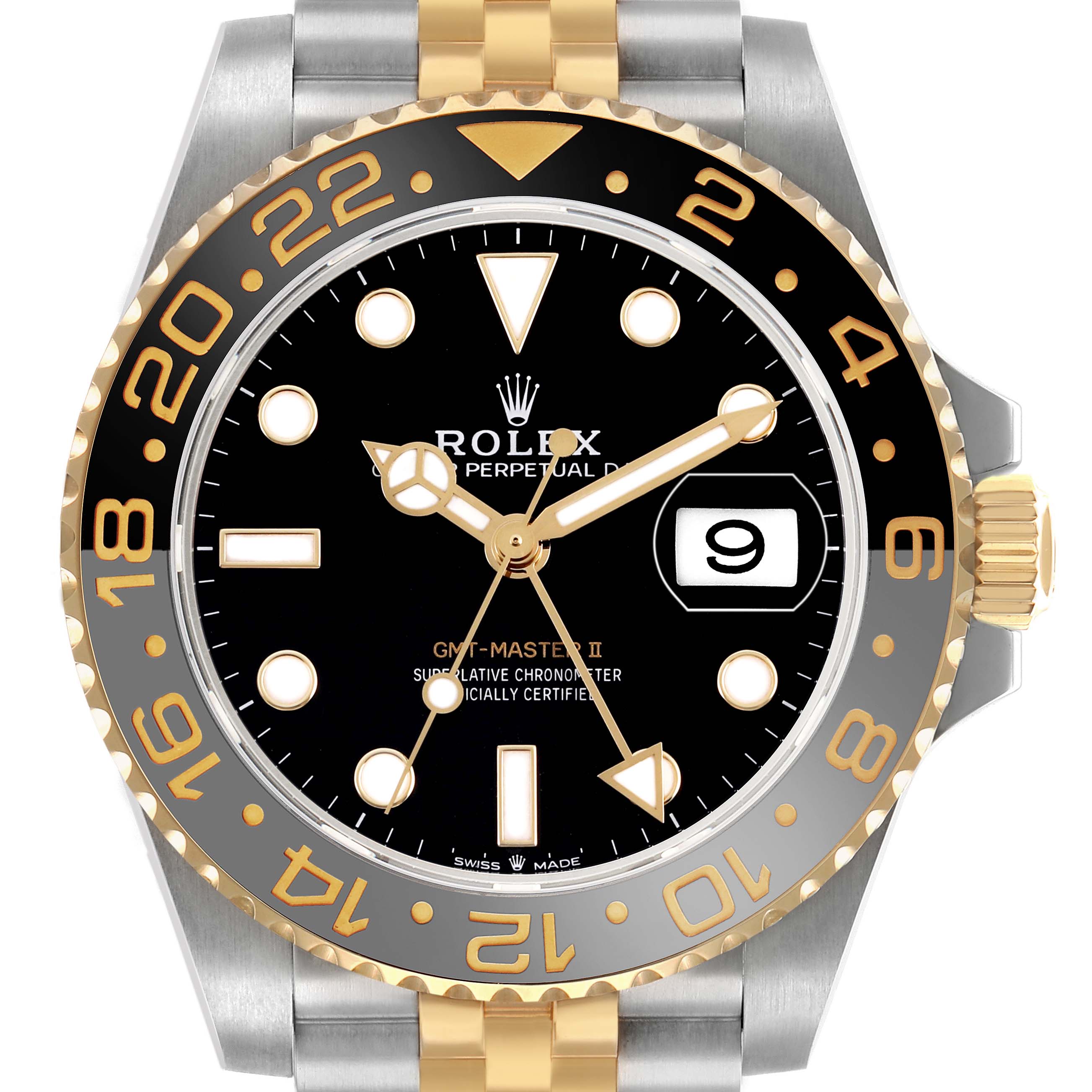 The Rolex GMT-Master 126713GRNR Men's Steel and Gold (two tone) Black Dial II watch is shown from the front, highlighting its face, bezel, crown, and part of the bracelet.