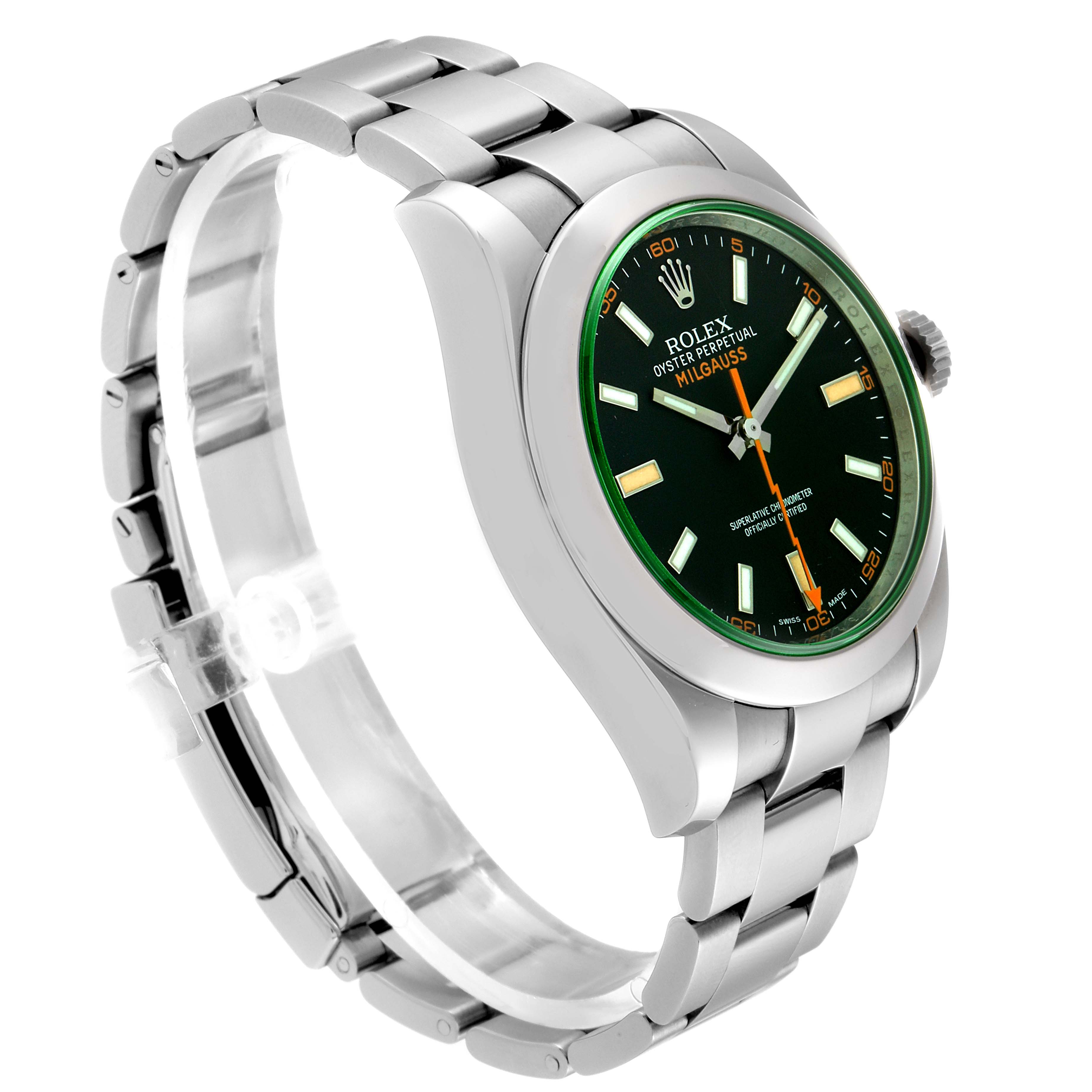 The Rolex Milgauss 116400GV Men's Stainless Steel Black Dial 116400GV Men's Stainless Steel Black Dial watch is shown from a side angle, spotlighting its face, bezel, and bracelet.