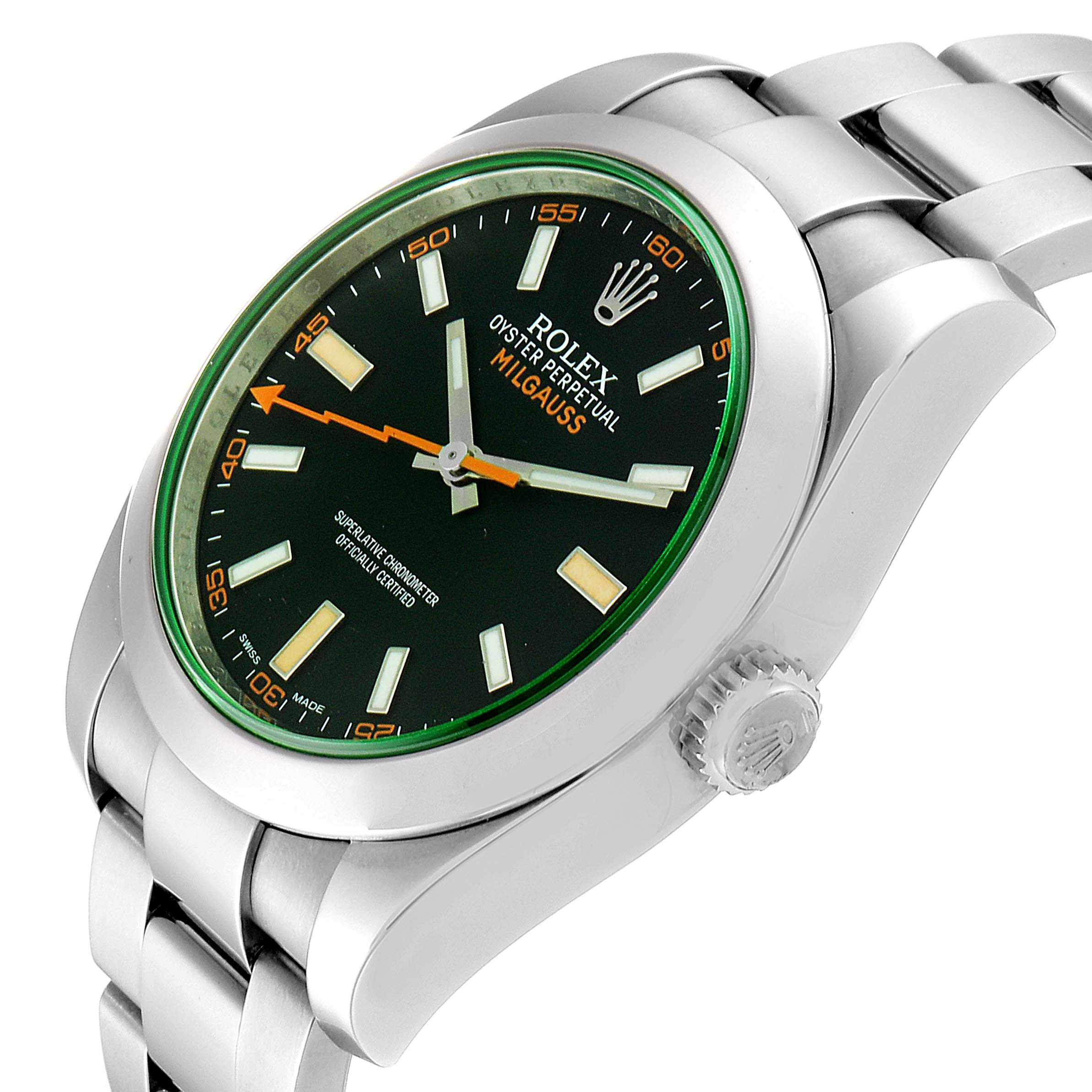 This image shows an angled view of the Rolex Milgauss 116400GV Men's Stainless Steel Black Dial 116400GV Men's Stainless Steel Black Dial watch, highlighting the dial, bezel, and bracelet.