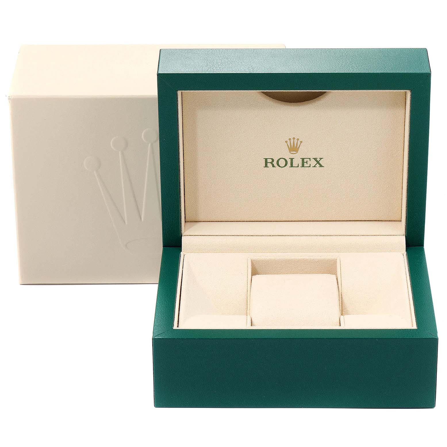 This image shows a Rolex Milgauss 116400GV Men's Stainless Steel Black Dial 116400GV Men's Stainless Steel Black Dial watch box with a green exterior and beige interior.