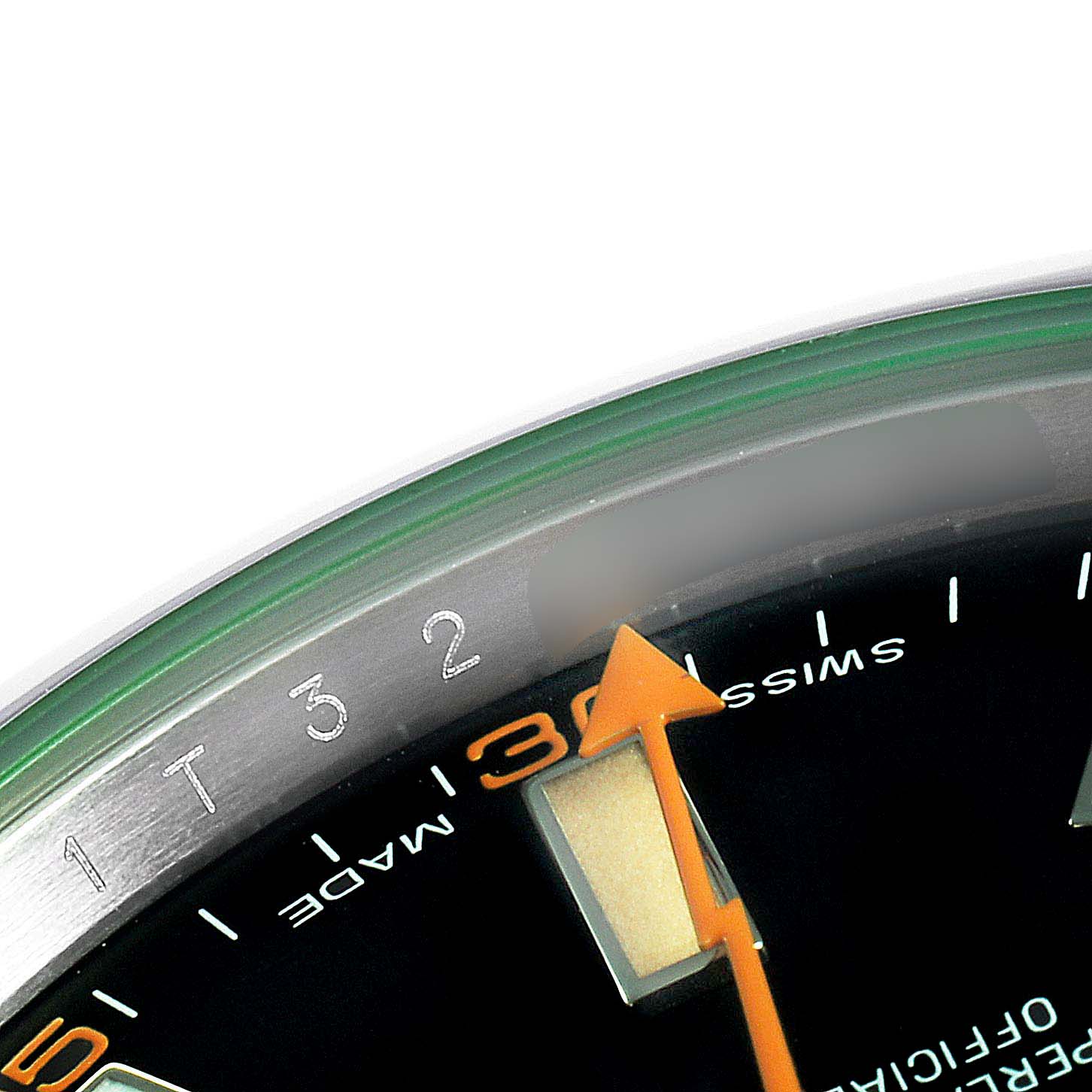 This close-up shot of a Rolex Milgauss 116400GV Men's Stainless Steel Black Dial 116400GV Men's Stainless Steel Black Dial watch shows part of the dial, the minute hand, and the green sapphire crystal.
