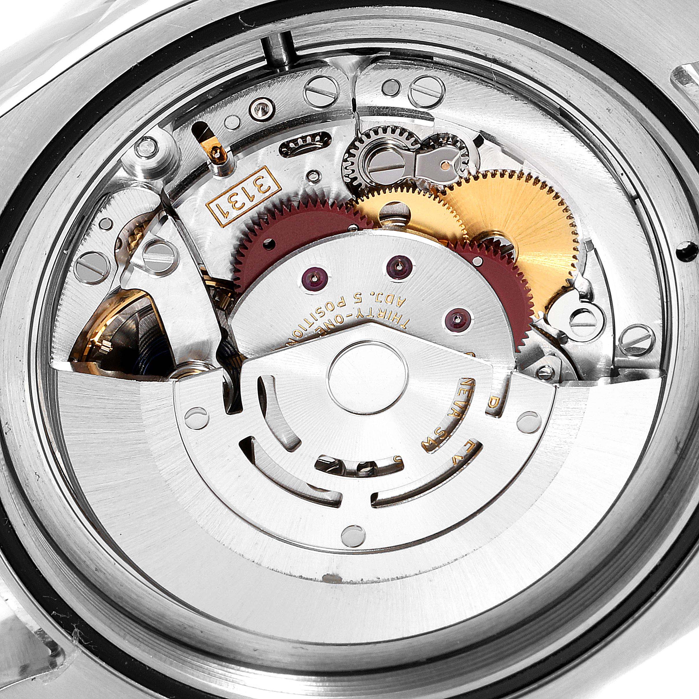 This image shows the detailed inner mechanism and gears of a Rolex Milgauss 116400GV Men's Stainless Steel Black Dial 116400GV Men's Stainless Steel Black Dial model watch from a close-up angle.