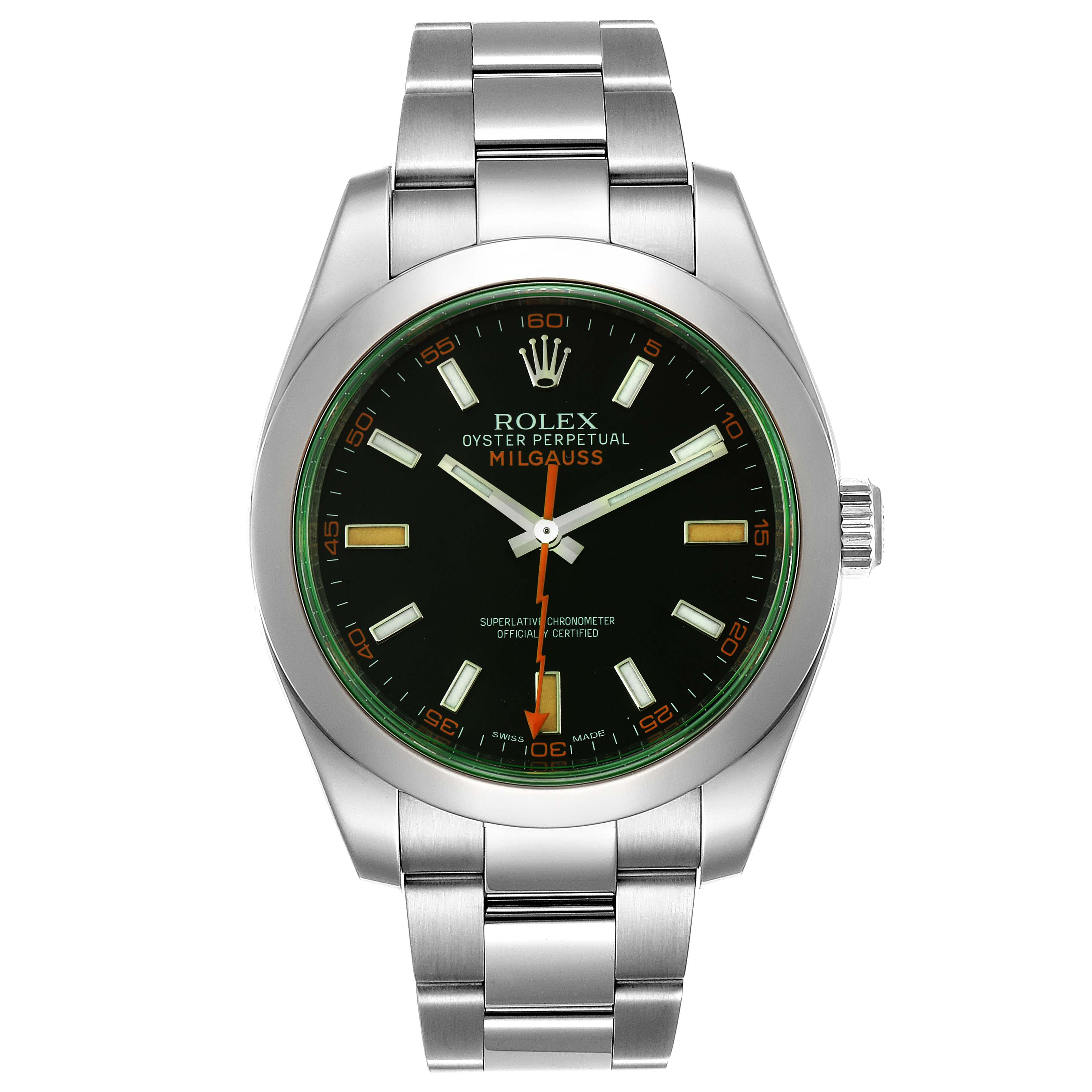 This image shows a front view of a Rolex Milgauss 116400GV Men's Stainless Steel Black Dial 116400GV Men's Stainless Steel Black Dial watch displaying its face, bezel, and stainless steel bracelet.