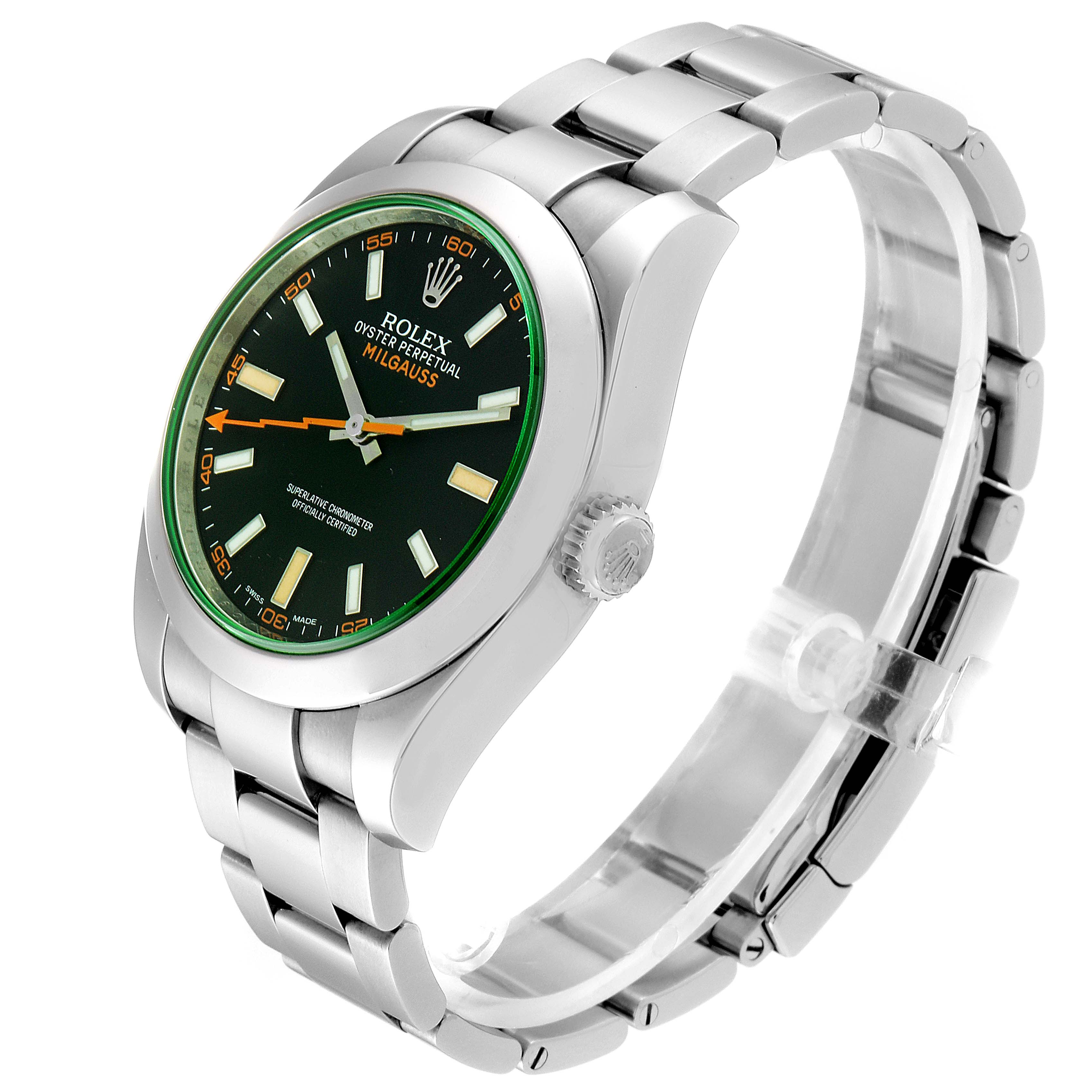 The Rolex Milgauss 116400GV Men's Stainless Steel Black Dial 116400GV Men's Stainless Steel Black Dial watch is shown from a three-quarter angle, displaying the dial, case, crown, and bracelet.