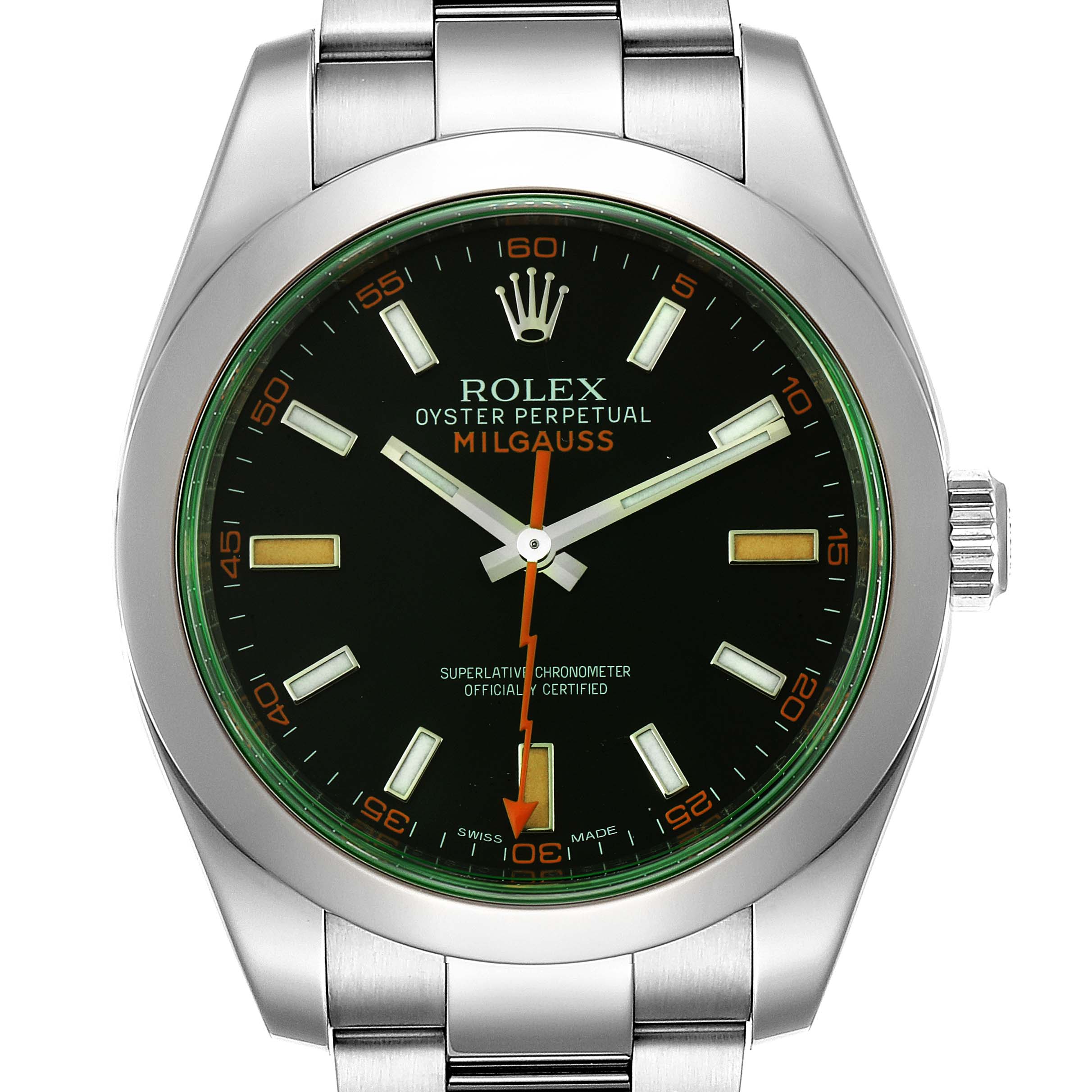 This image shows a front view of the Rolex Milgauss 116400GV Men's Stainless Steel Black Dial 116400GV Men's Stainless Steel Black Dial watch, displaying the dial, hands, and stainless steel bracelet.