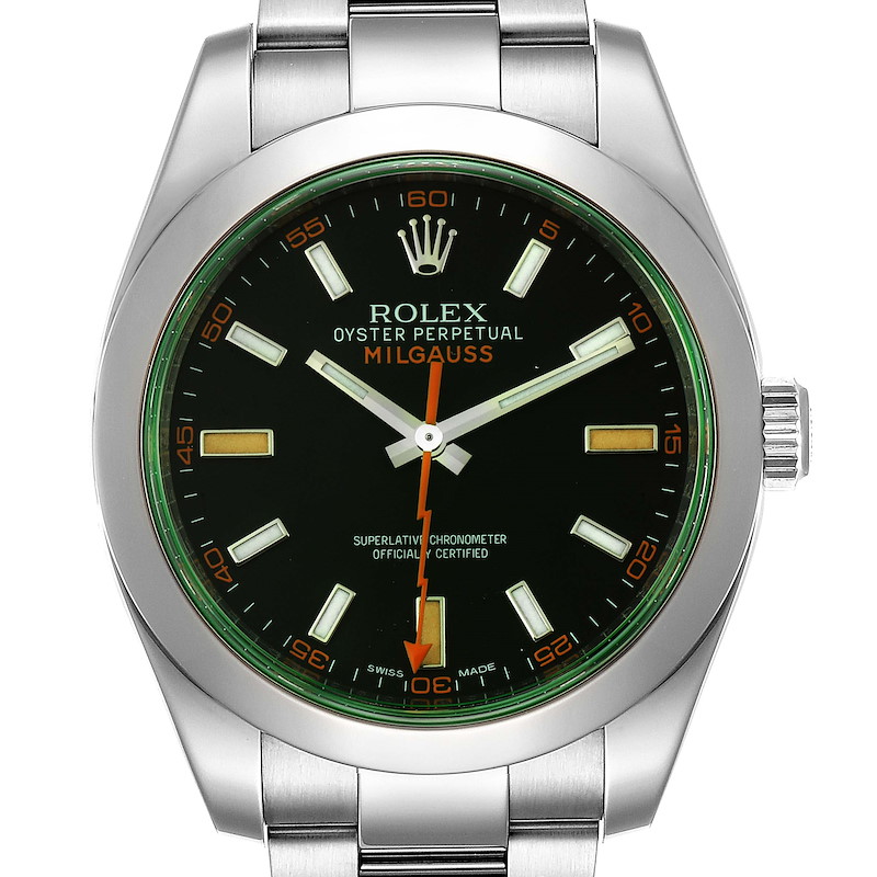 Rolex Milgauss Black Dial Green Crystal Steel Mens Watch 116400GV SwissWatchExpo