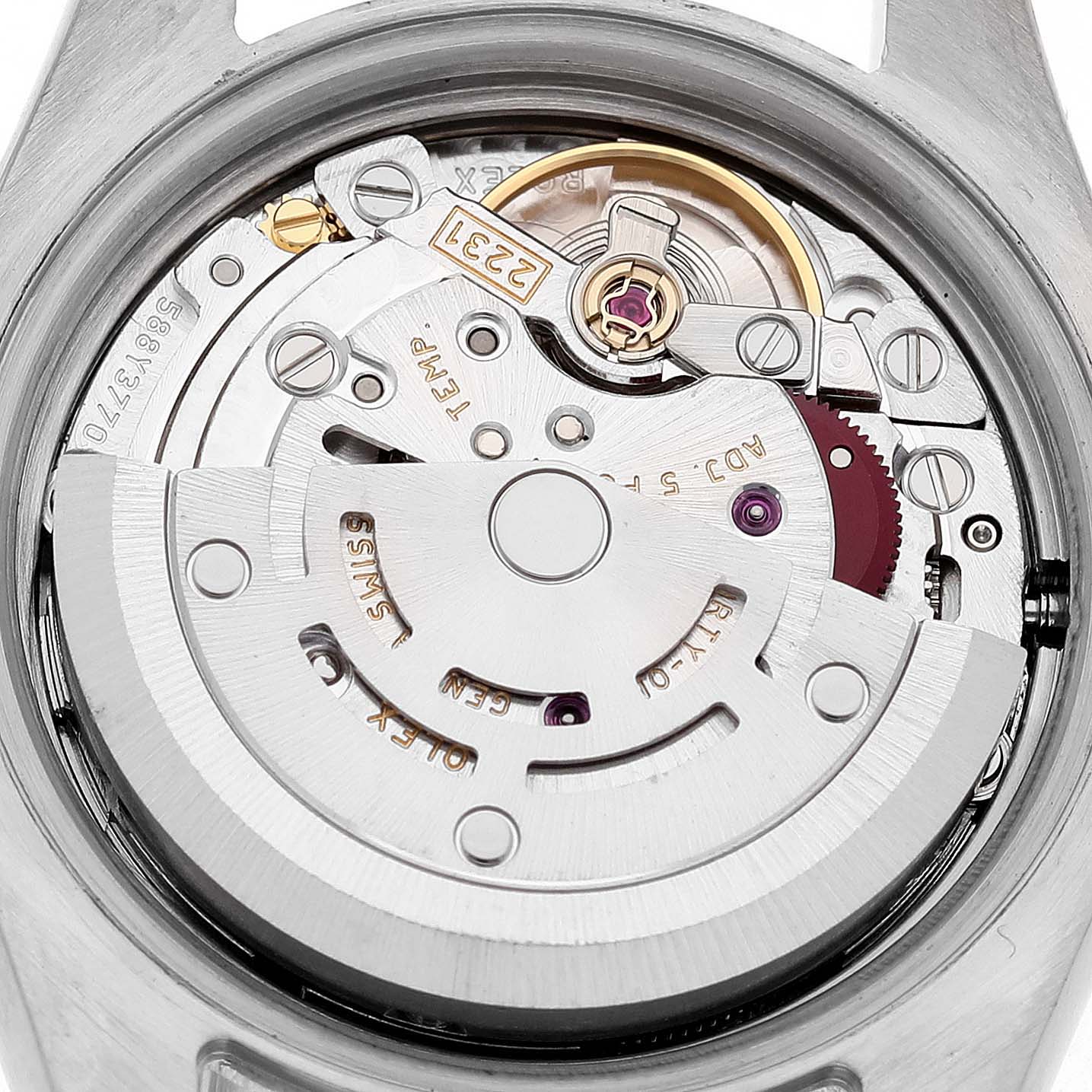 The image shows the movement of a Rolex Oyster Perpetual 176200 Women's Stainless Steel Silver Dial watch from a back angle, detailing its mechanism components.
