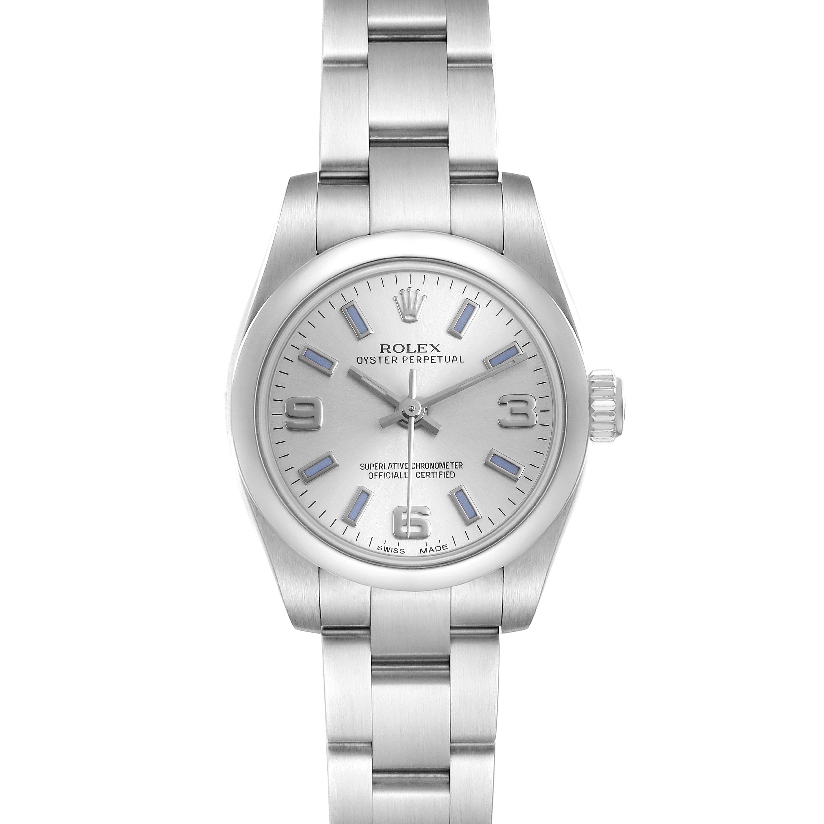The Rolex Oyster Perpetual 176200 Women's Stainless Steel Silver Dial watch is shown from a top-down angle, displaying its full face, bezel, and bracelet.