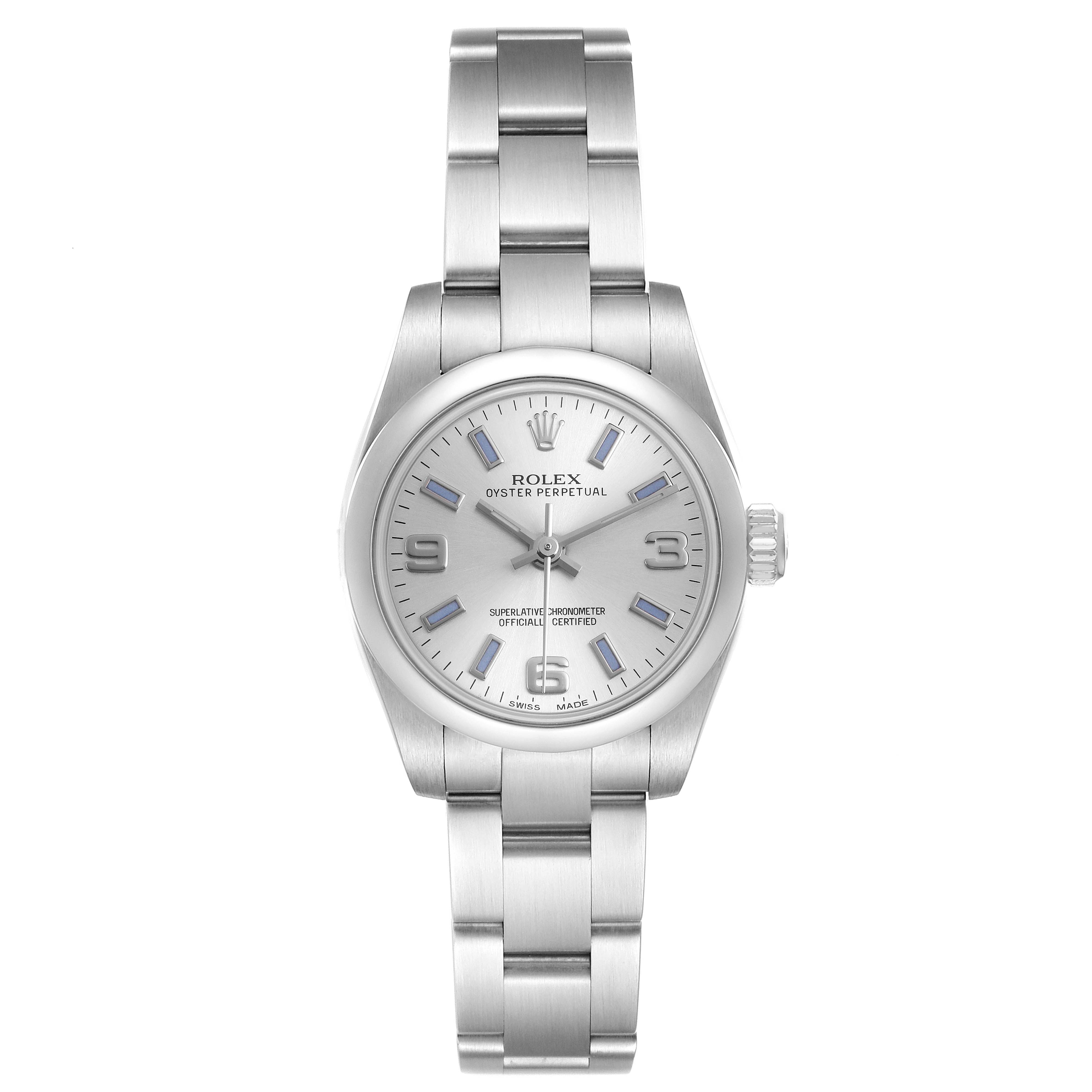 The Rolex Oyster Perpetual 176200 Women's Stainless Steel Silver Dial watch is shown from a front view, displaying its face, bracelet, and crown.