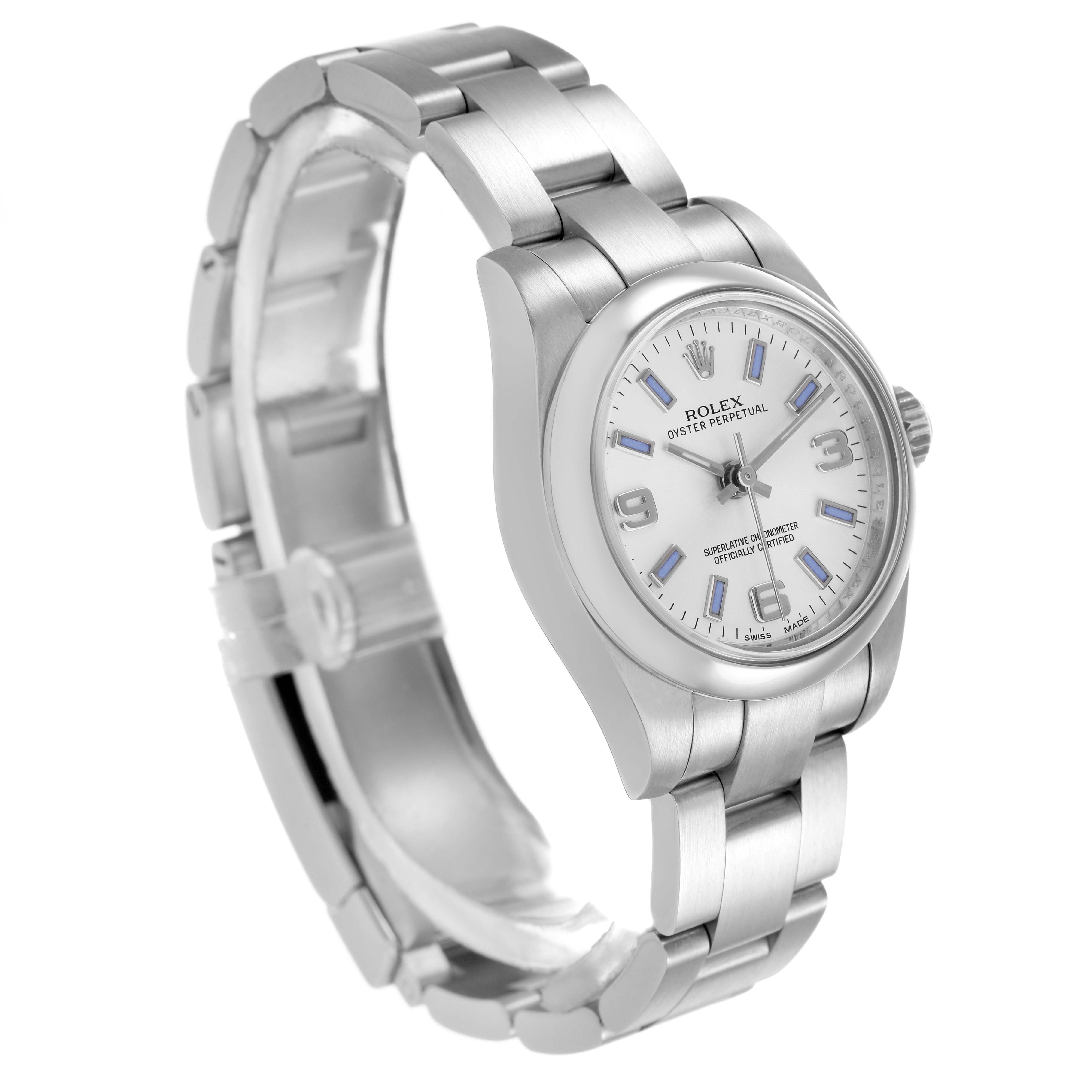 The Rolex Oyster Perpetual 176200 Women's Stainless Steel Silver Dial watch is shown at a slight angle, highlighting the face, bezel, and part of the bracelet.