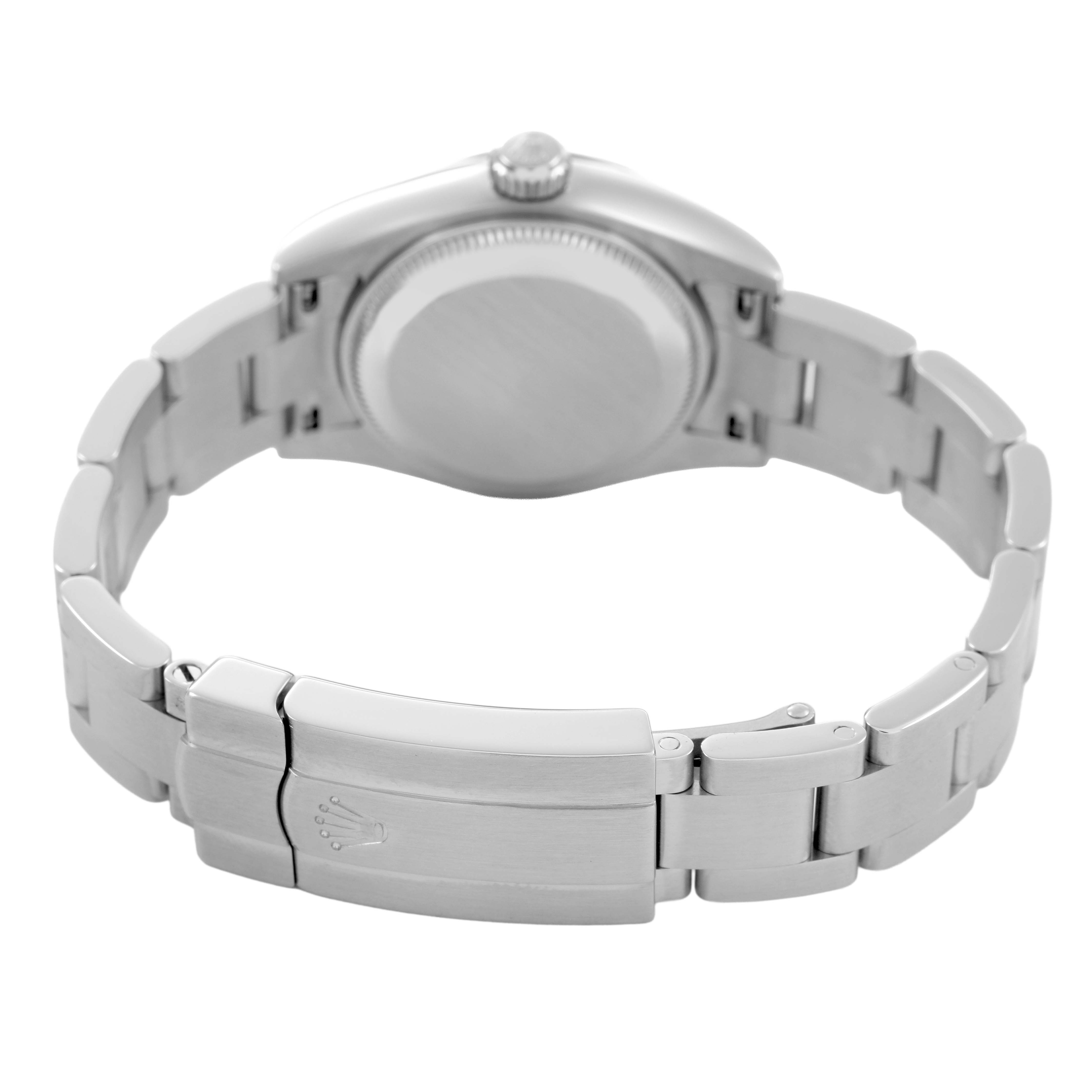 The image shows the back case and closed clasp of a Rolex Oyster Perpetual 176200 Women's Stainless Steel Silver Dial watch from a rear angle.