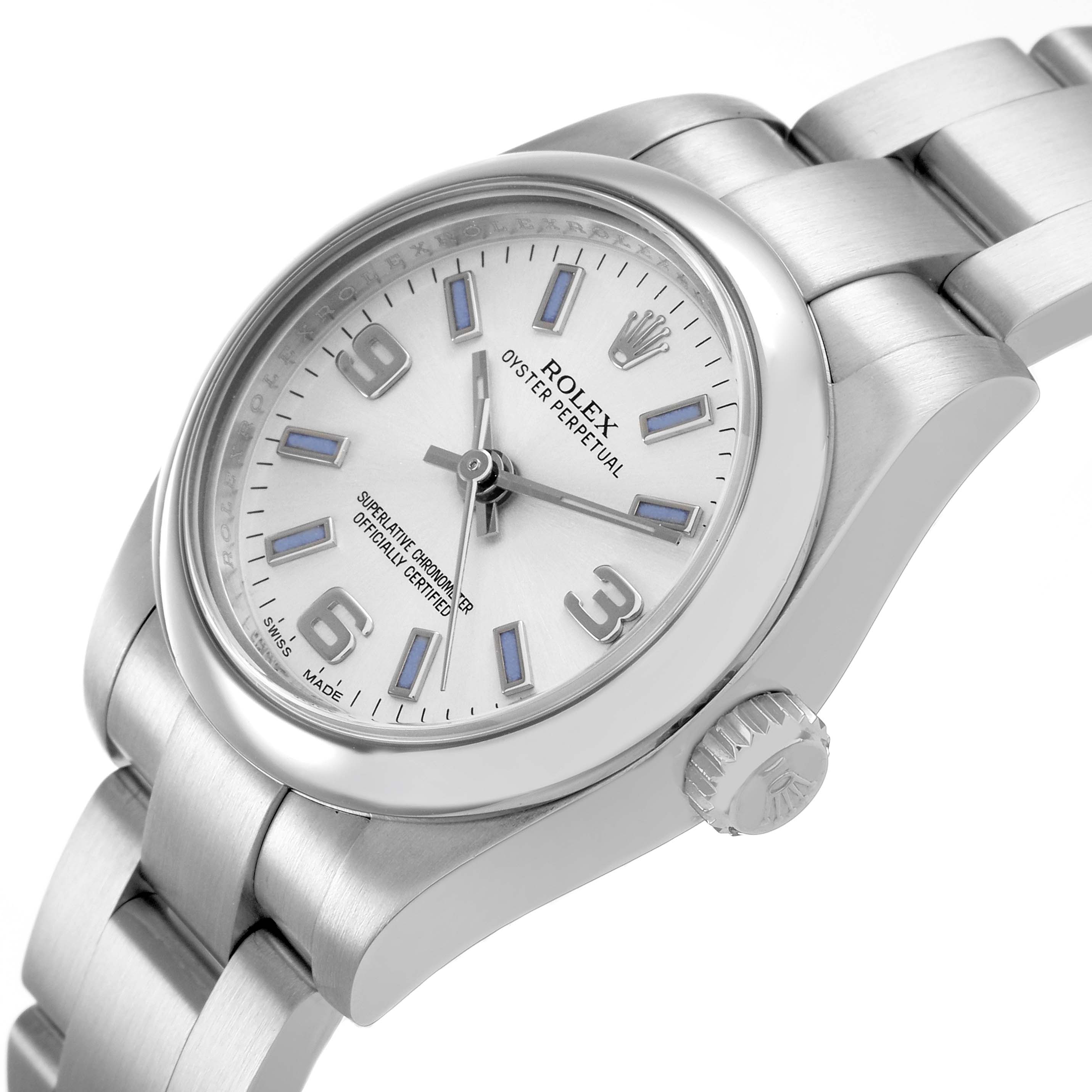 The Rolex Oyster Perpetual 176200 Women's Stainless Steel Silver Dial watch is shown from an angled side view, displaying the dial, bezel, crown, and bracelet.