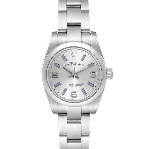 The Rolex Oyster Perpetual 176200 Women's Stainless Steel Silver Dial watch is shown from the front, displaying the dial, bezel, and bracelet.
