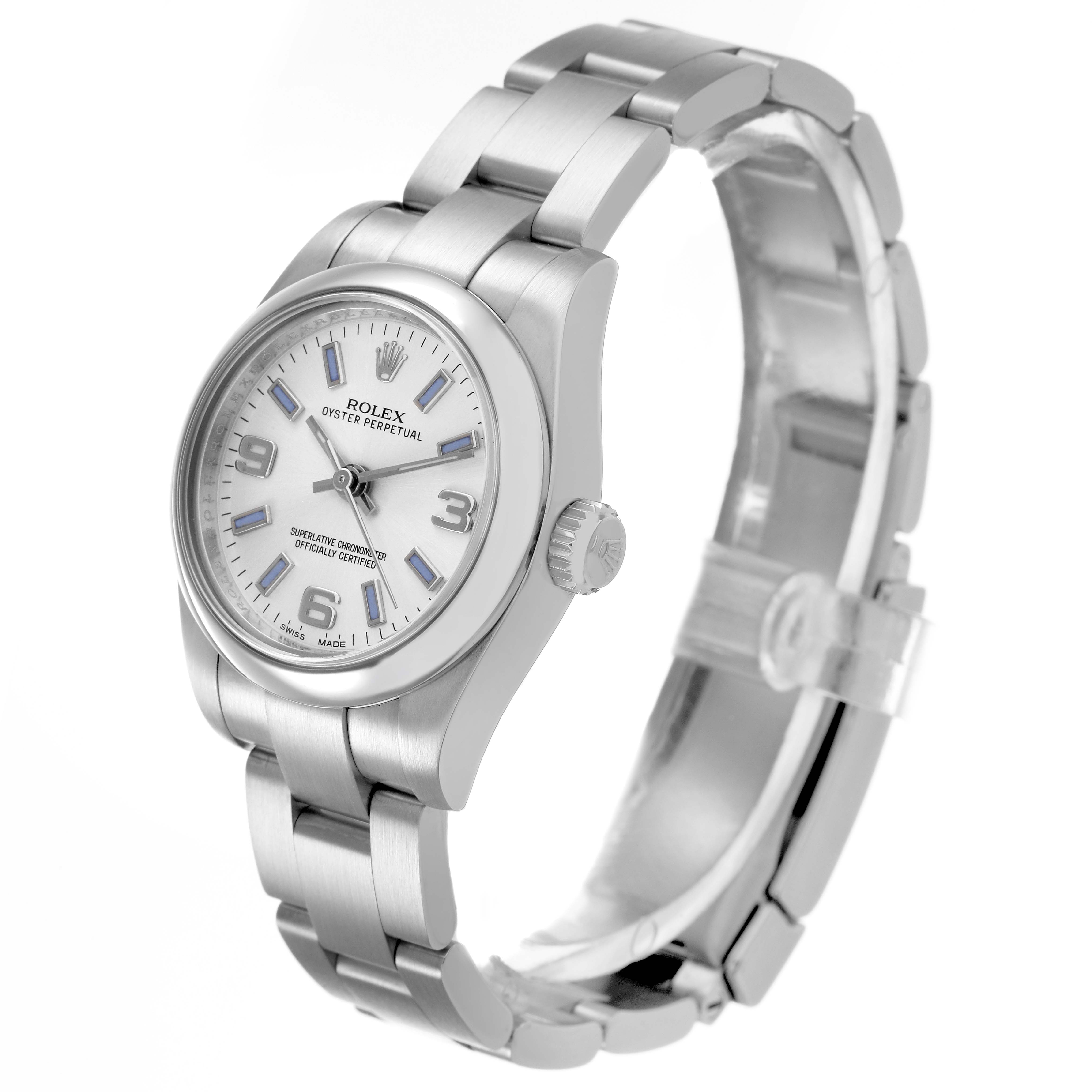 The Rolex Oyster Perpetual 176200 Women's Stainless Steel Silver Dial watch is shown at a three-quarter angle displaying the face, bracelet, and crown.
