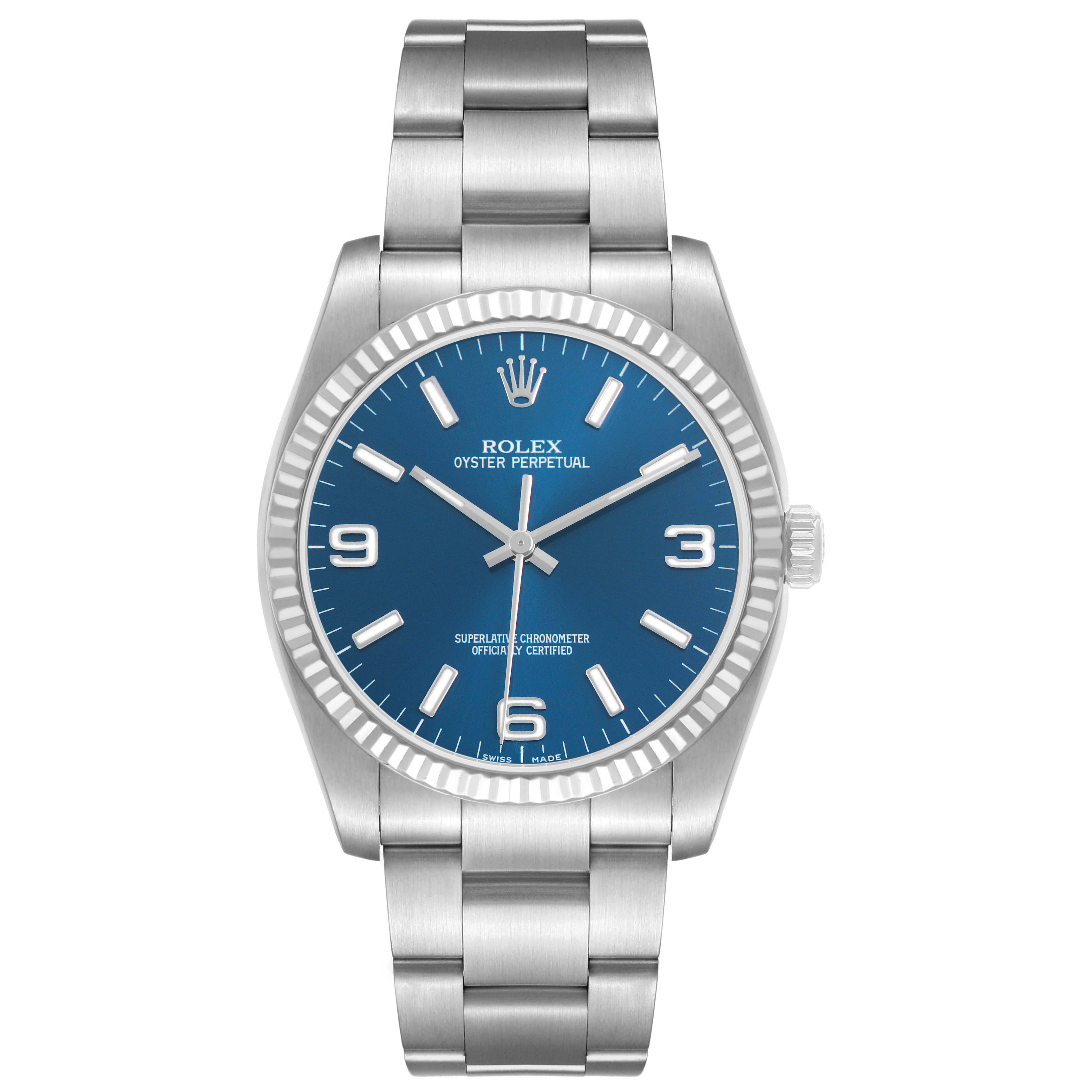 The Rolex Oyster Perpetual 116034 Men's Stainless Steel Blue Dial watch is shown from a frontal angle, displaying the blue dial, bezel, and stainless steel bracelet.