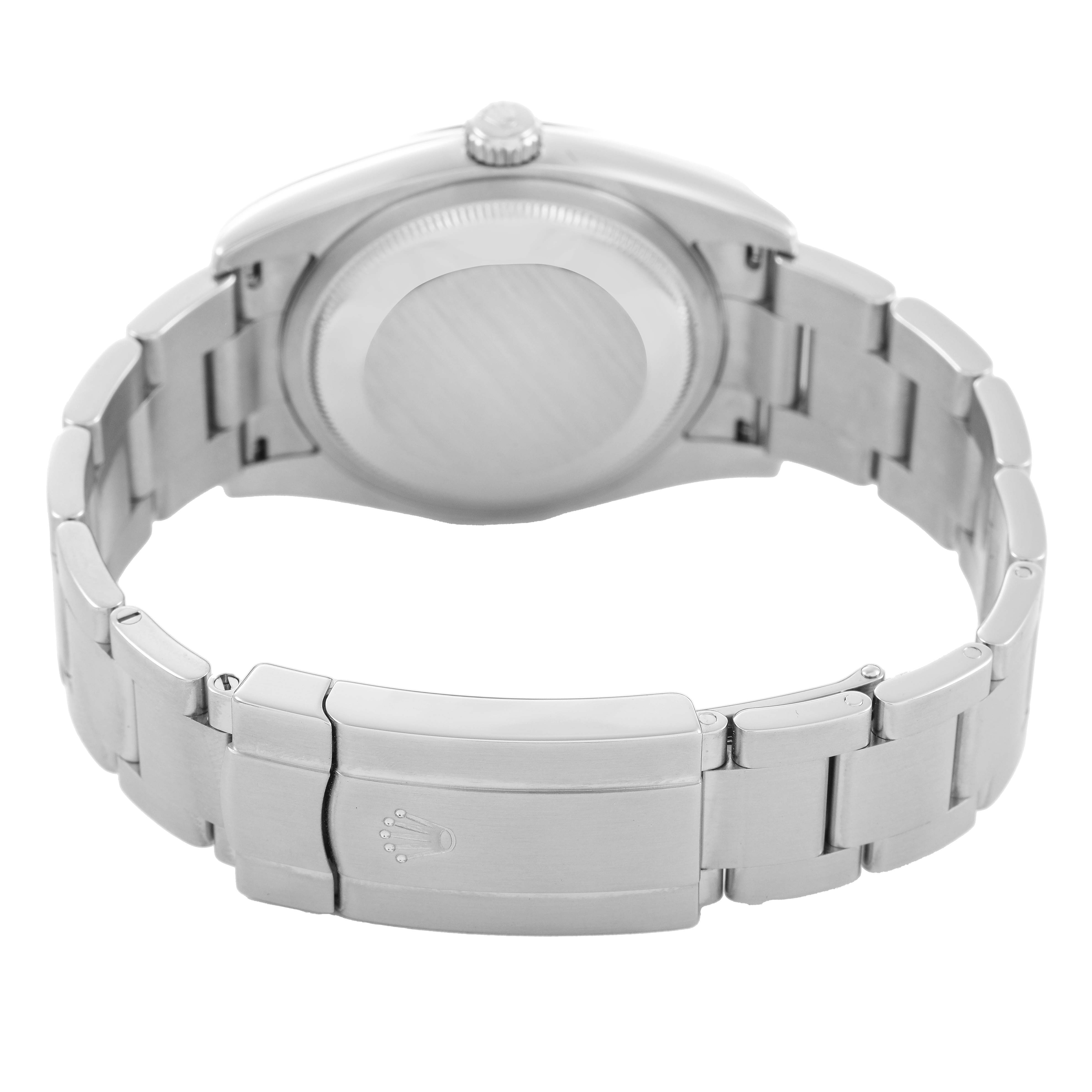 The image shows the back and clasp of the Rolex Oyster Perpetual 116034 Men's Stainless Steel Blue Dial watch, highlighting the bracelet and closed case back.