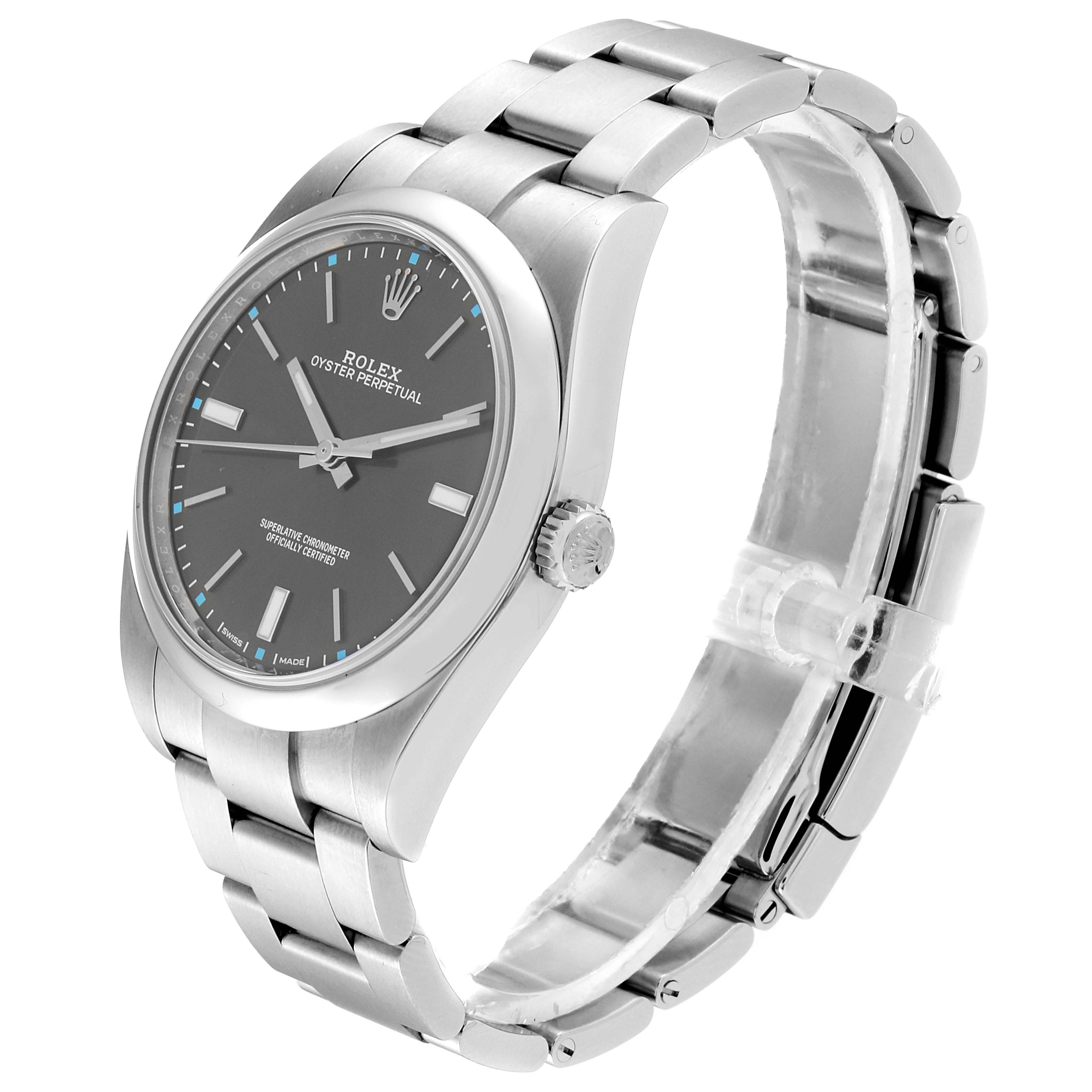 The image shows a side angle of the Rolex Oyster Perpetual 114300 Men's Stainless Steel Silver Dial 114300 Men's Stainless Steel Silver Dial watch, highlighting the dial, crown, and bracelet.