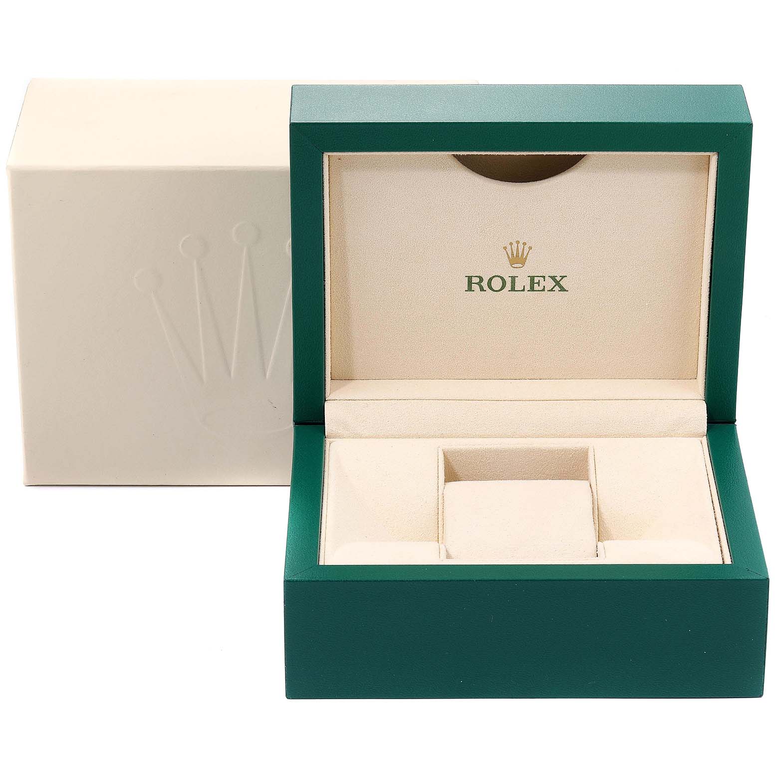 This image shows an open Rolex Oyster Perpetual 114300 Men's Stainless Steel Silver Dial 114300 Men's Stainless Steel Silver Dial watch box with its inner cushion removed, alongside its outer packaging.