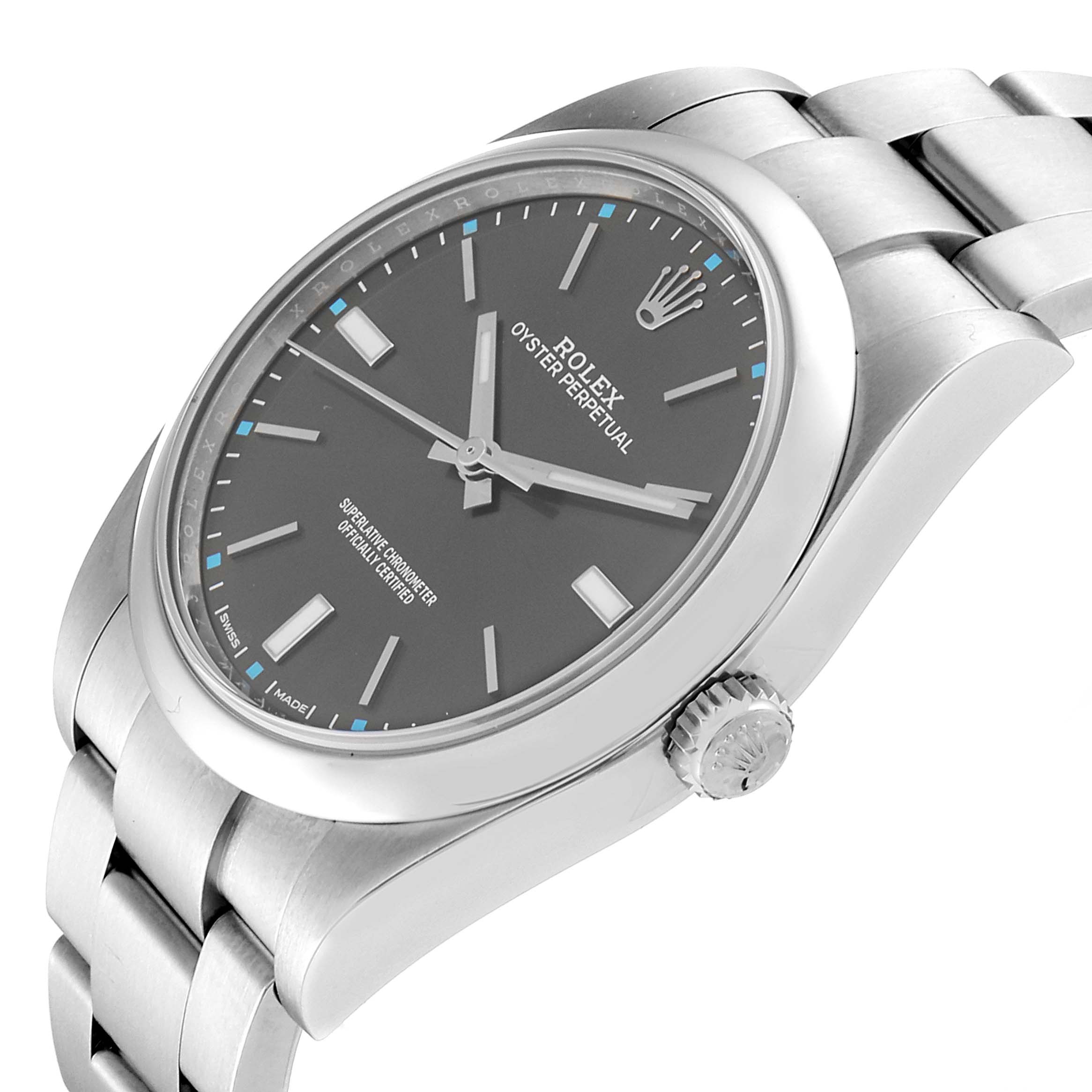 The image shows a Rolex Oyster Perpetual 114300 Men's Stainless Steel Silver Dial 114300 Men's Stainless Steel Silver Dial watch from an angled side view, displaying the dial, case, crown, and a part of the bracelet.