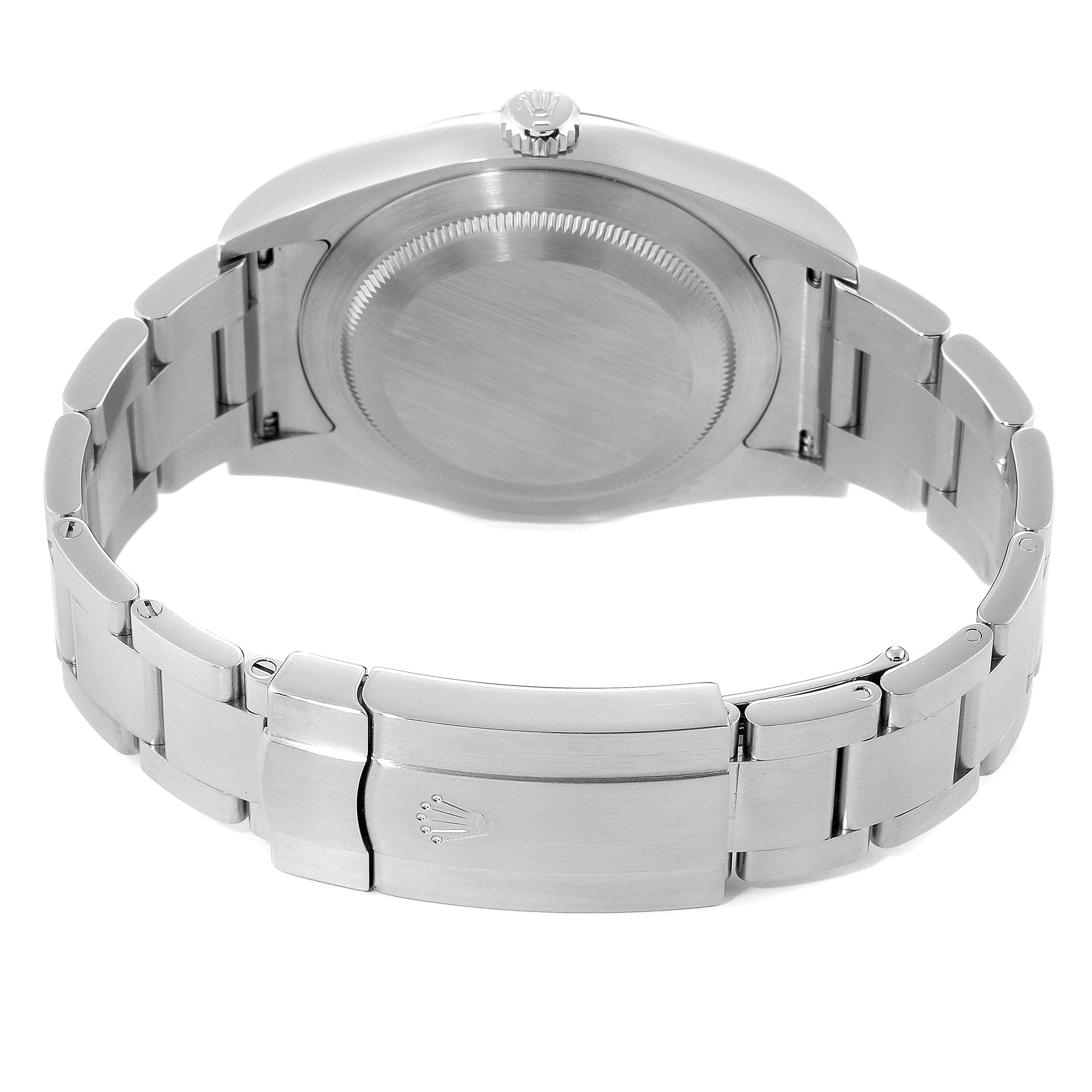 This image shows the back view of a Rolex Oyster Perpetual 114300 Men's Stainless Steel Silver Dial 114300 Men's Stainless Steel Silver Dial watch, including its bracelet and clasp.