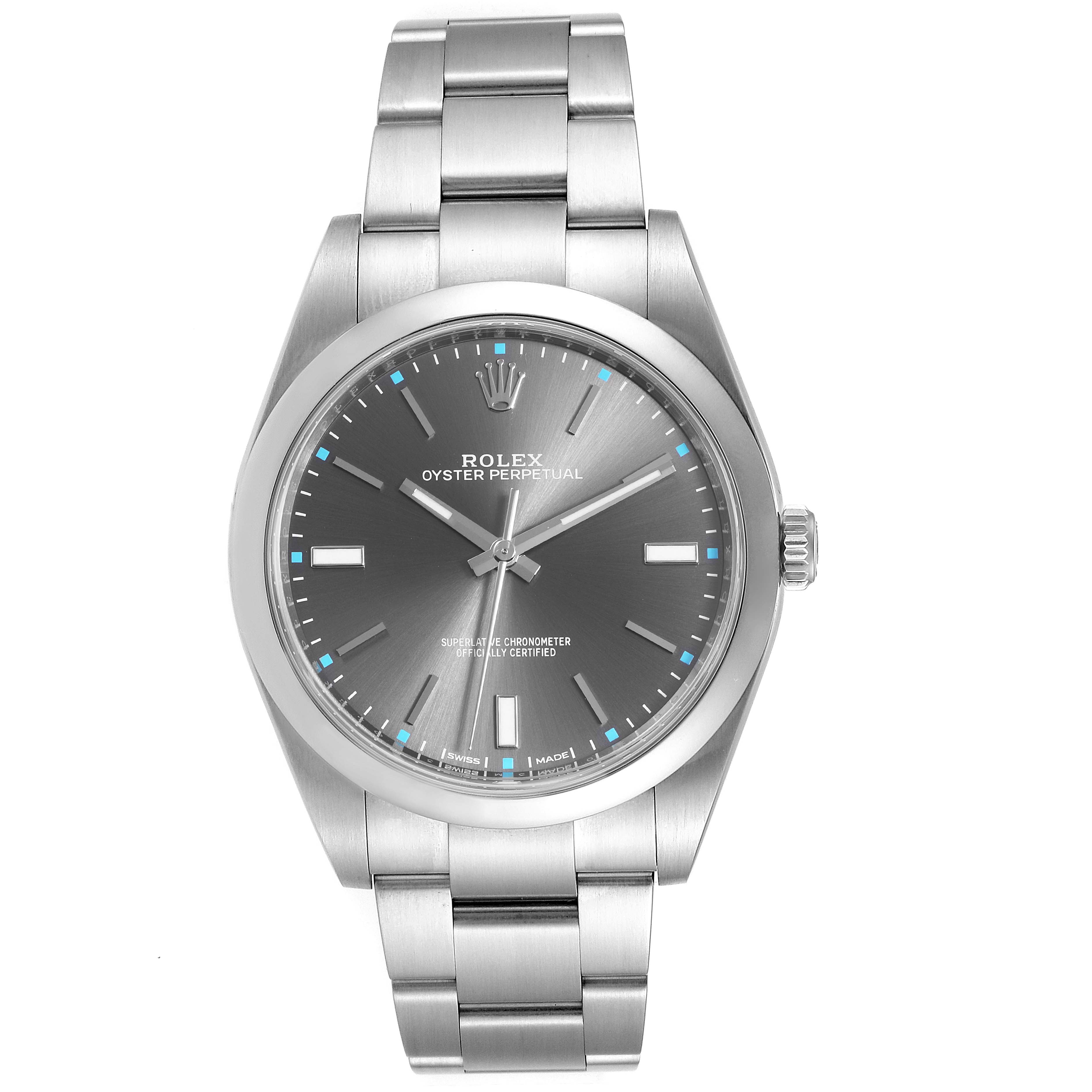 The image shows a front view of a Rolex Oyster Perpetual 114300 Men's Stainless Steel Silver Dial 114300 Men's Stainless Steel Silver Dial watch, highlighting its face, bezel, and bracelet.