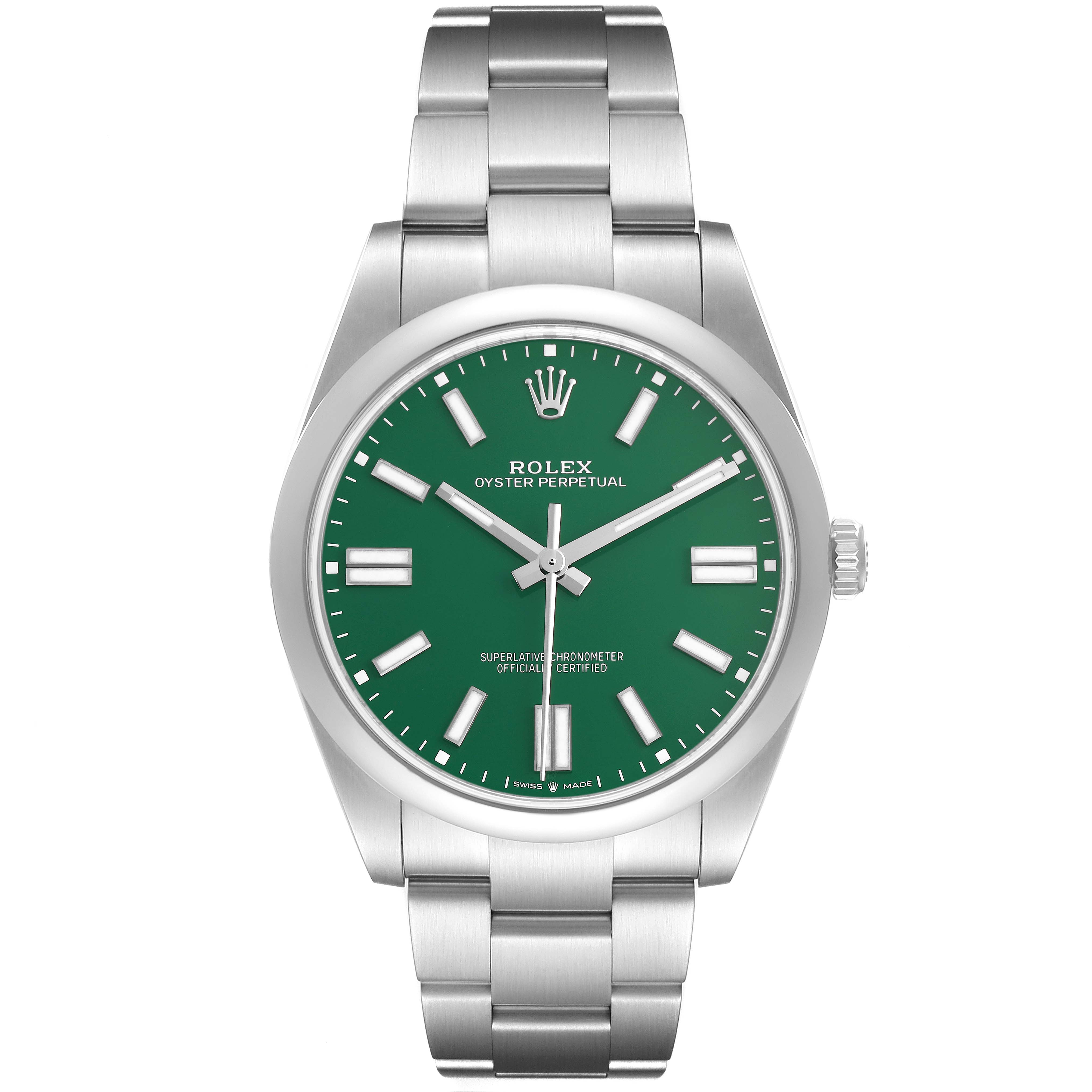 The Rolex Oyster Perpetual 124300 Men's Stainless Steel Green Dial watch is shown from the front, displaying the green dial, hands, markers, and silver bracelet.
