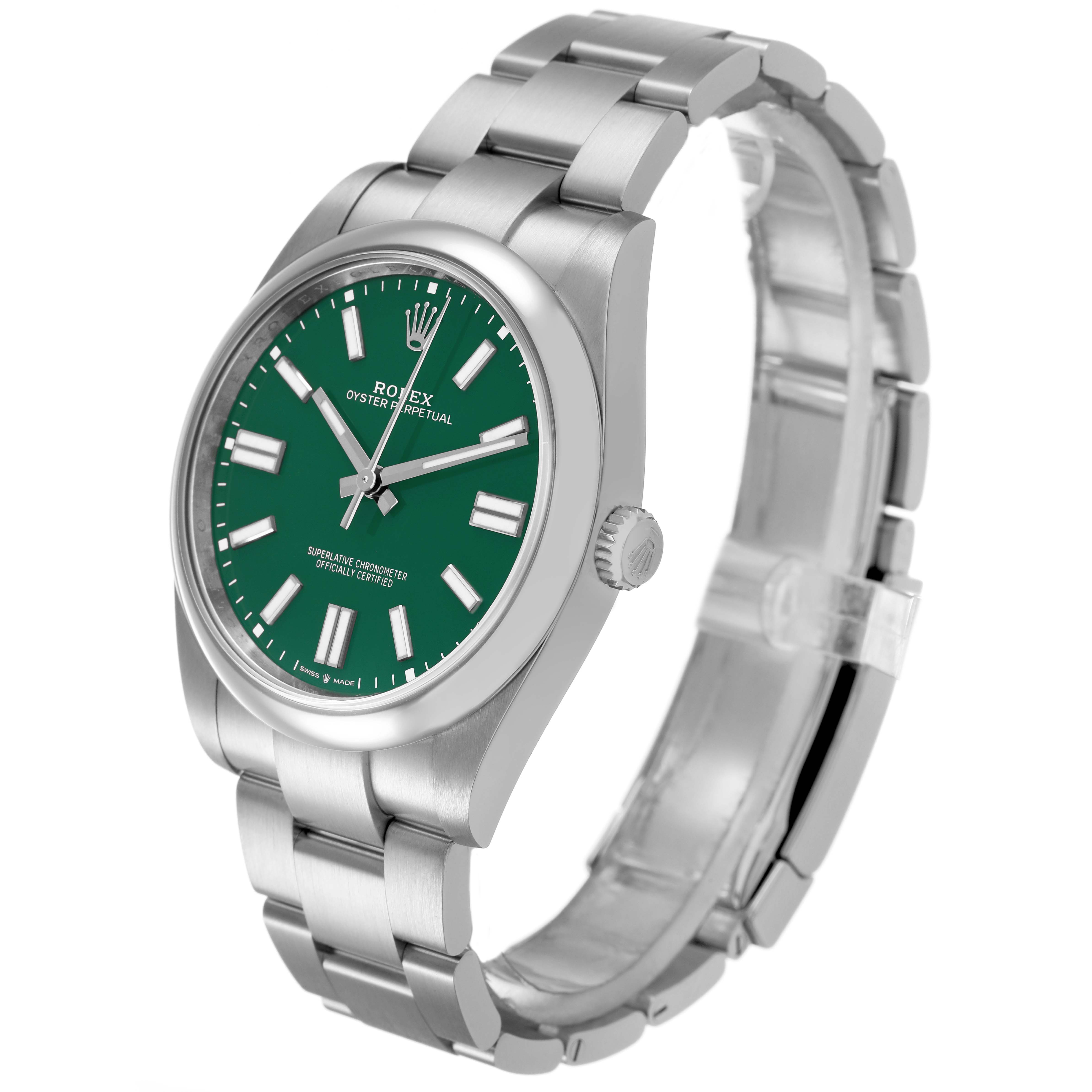 The Rolex Oyster Perpetual 124300 Men's Stainless Steel Green Dial watch is shown at a three-quarter angle, highlighting the face, bezel, crown, and bracelet.