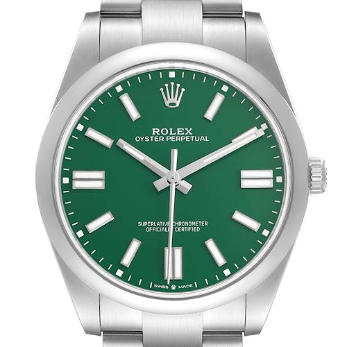 The Rolex Oyster Perpetual 124300 Men's Stainless Steel Green Dial watch is shown from the front, highlighting the green dial, hands, indices, and stainless steel bracelet.