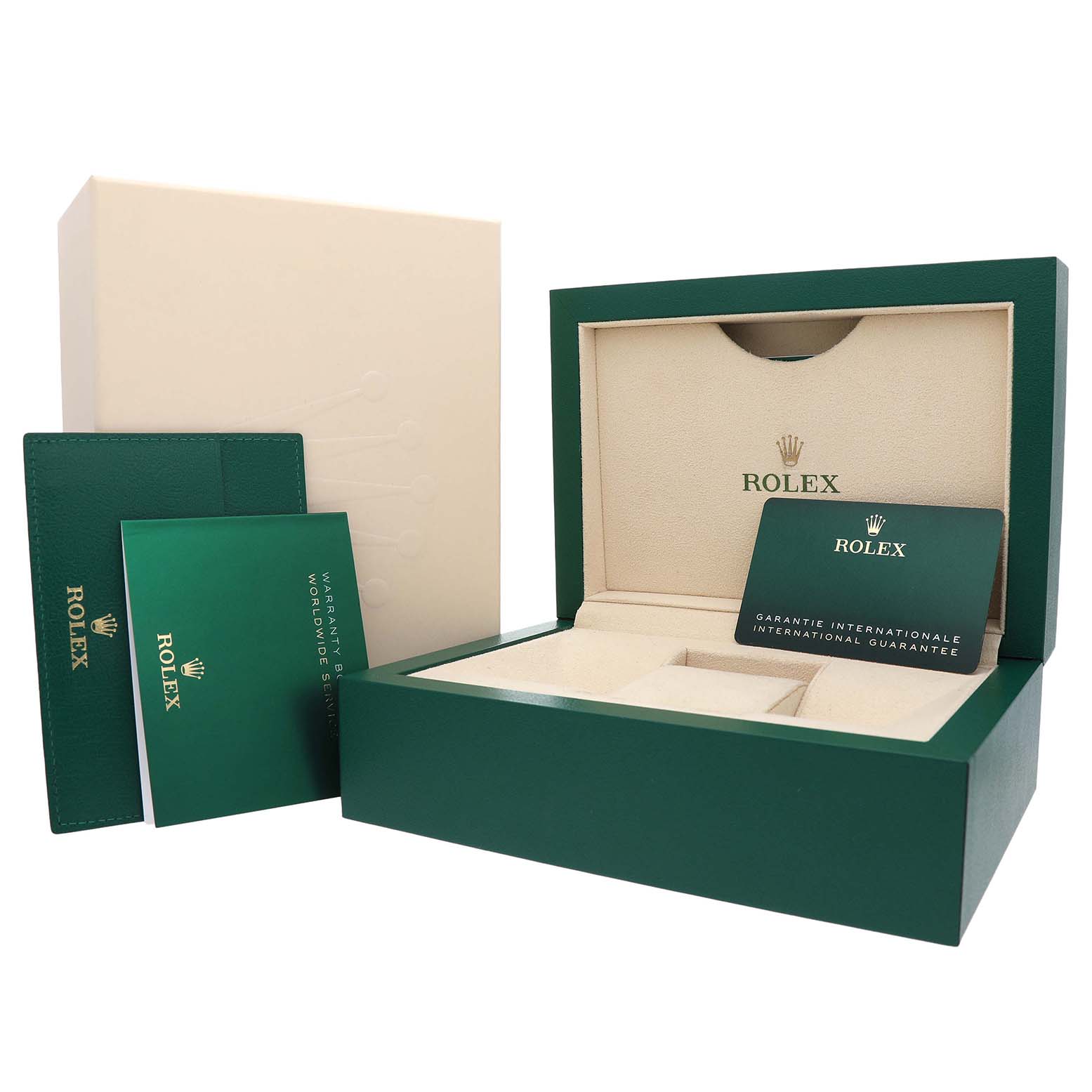 The image shows a Rolex Oyster Perpetual 124300 Men's Stainless Steel Green Dial box, open with warranty cards and booklet displayed alongside.
