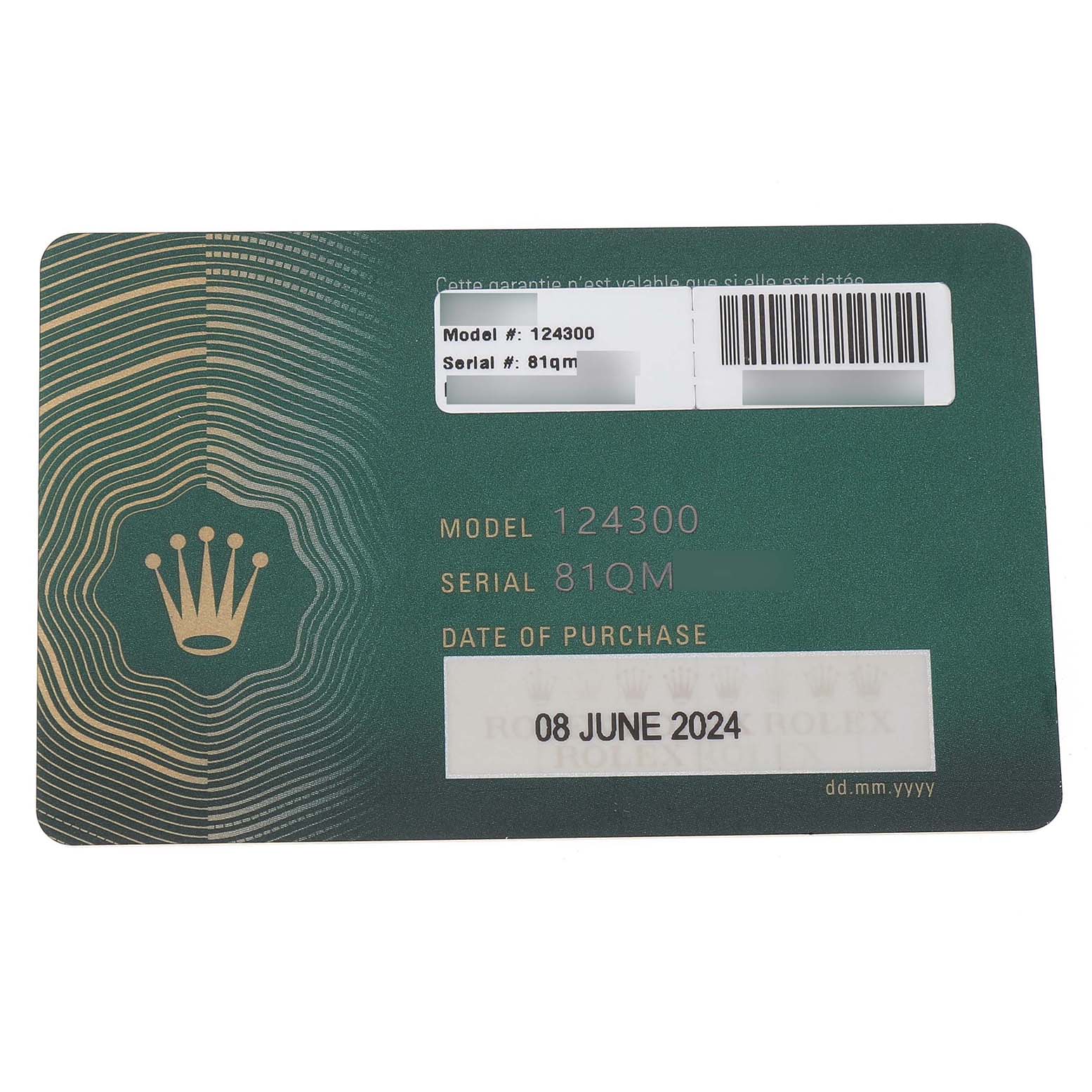 The image shows a warranty card for the Rolex Oyster Perpetual 124300 Men's Stainless Steel Green Dial model, displaying model and serial numbers.