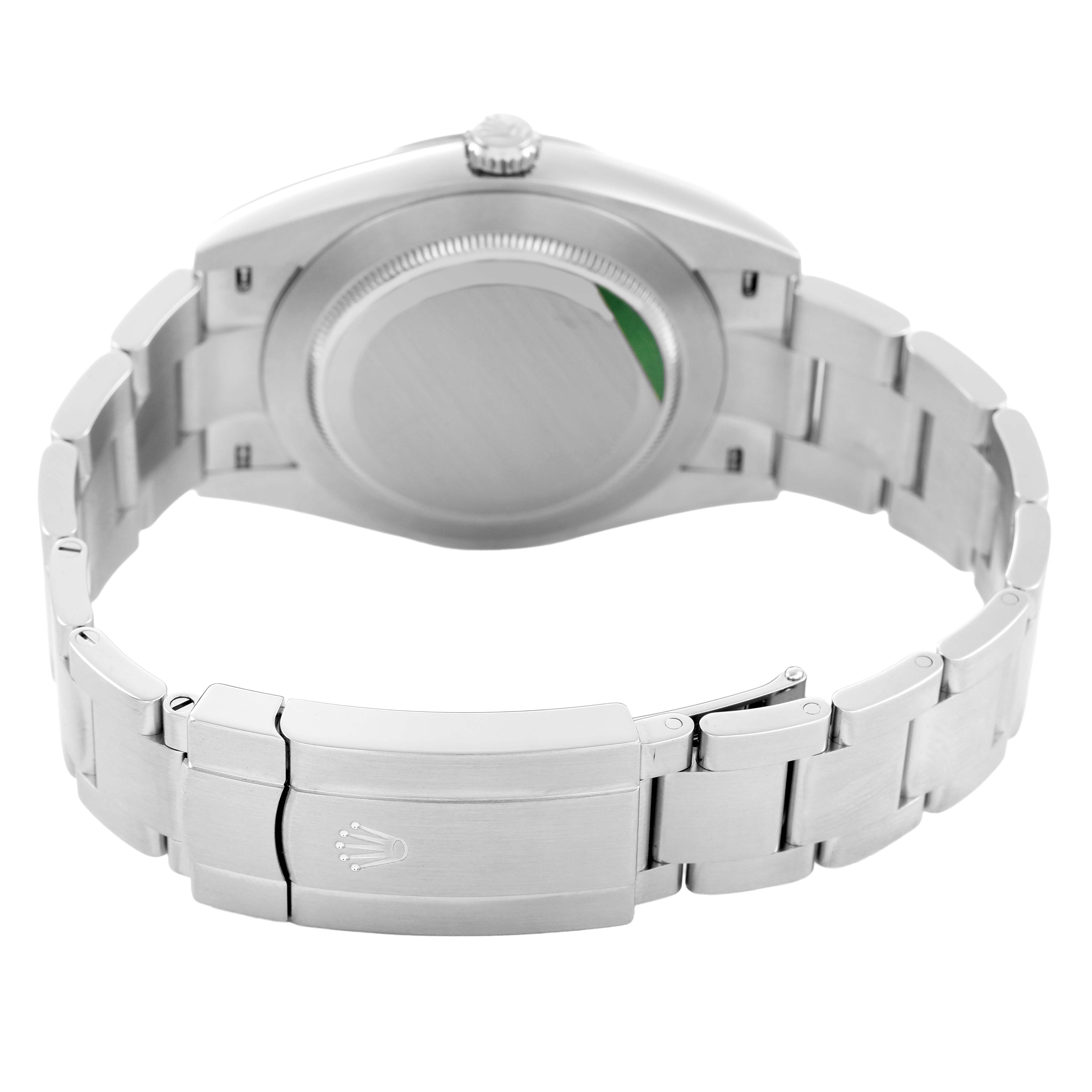 The image shows the back view of a Rolex Oyster Perpetual 124300 Men's Stainless Steel Green Dial, highlighting the clasp, case back, and bracelet links.