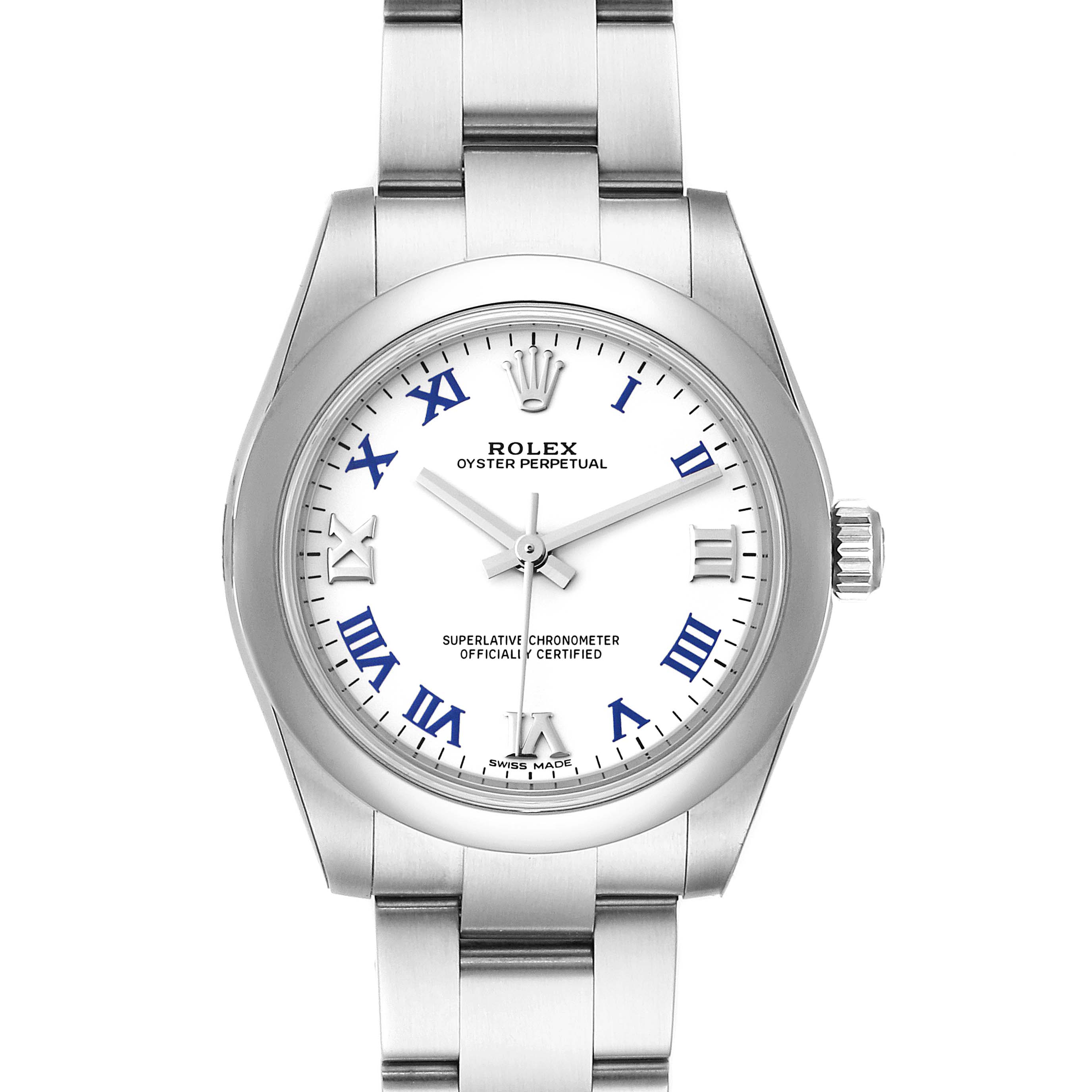This image shows a front view of a Rolex Oyster Perpetual Mid-Size watch, including the face, bezel, and part of the bracelet.