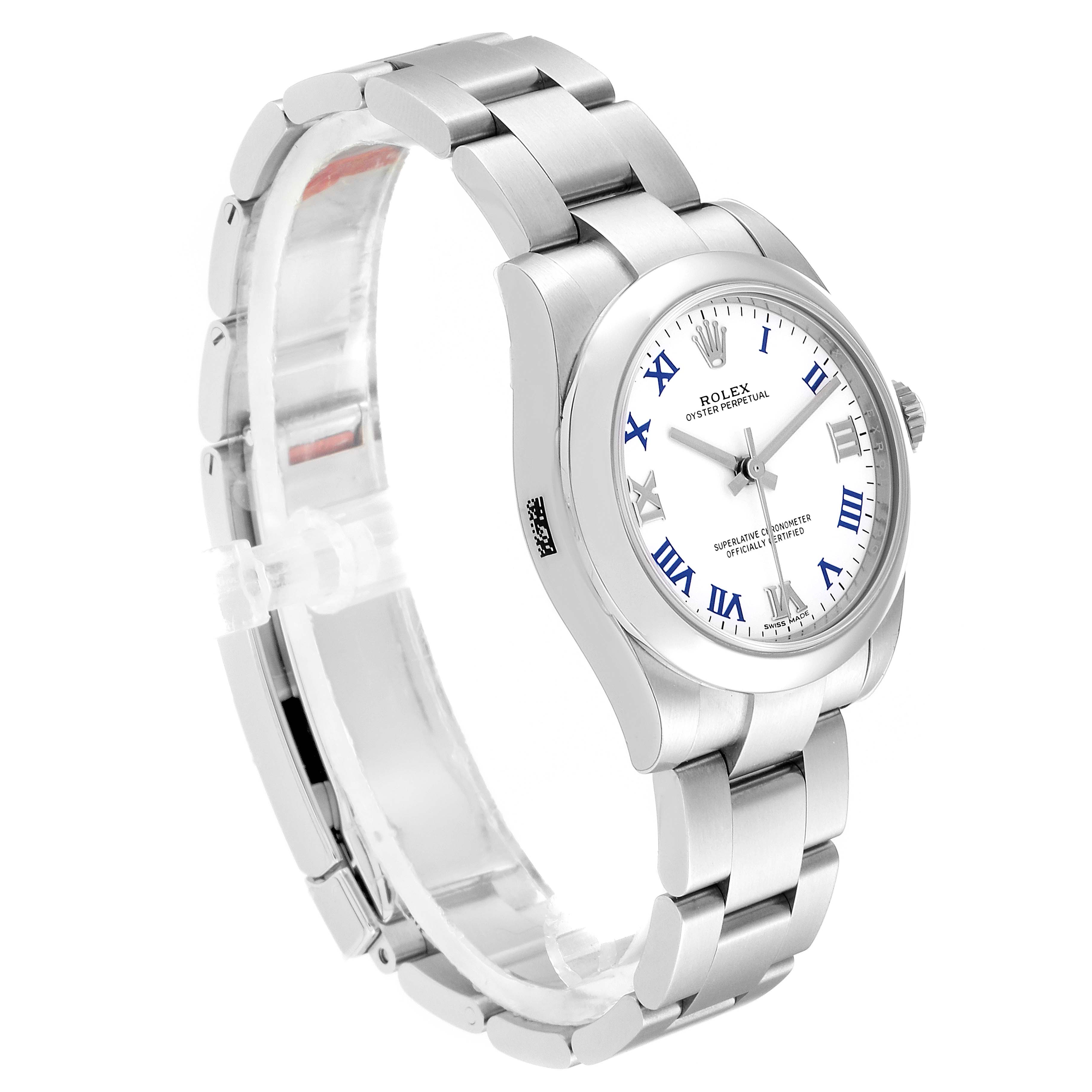 The image shows a Rolex Mid-Size 177200 Women
s Stainless Steel White Dial 177200 Women
s Stainless Steel White Dial watch at a three-quarter angle, displaying the face, bezel, crown, and part of the bracelet.