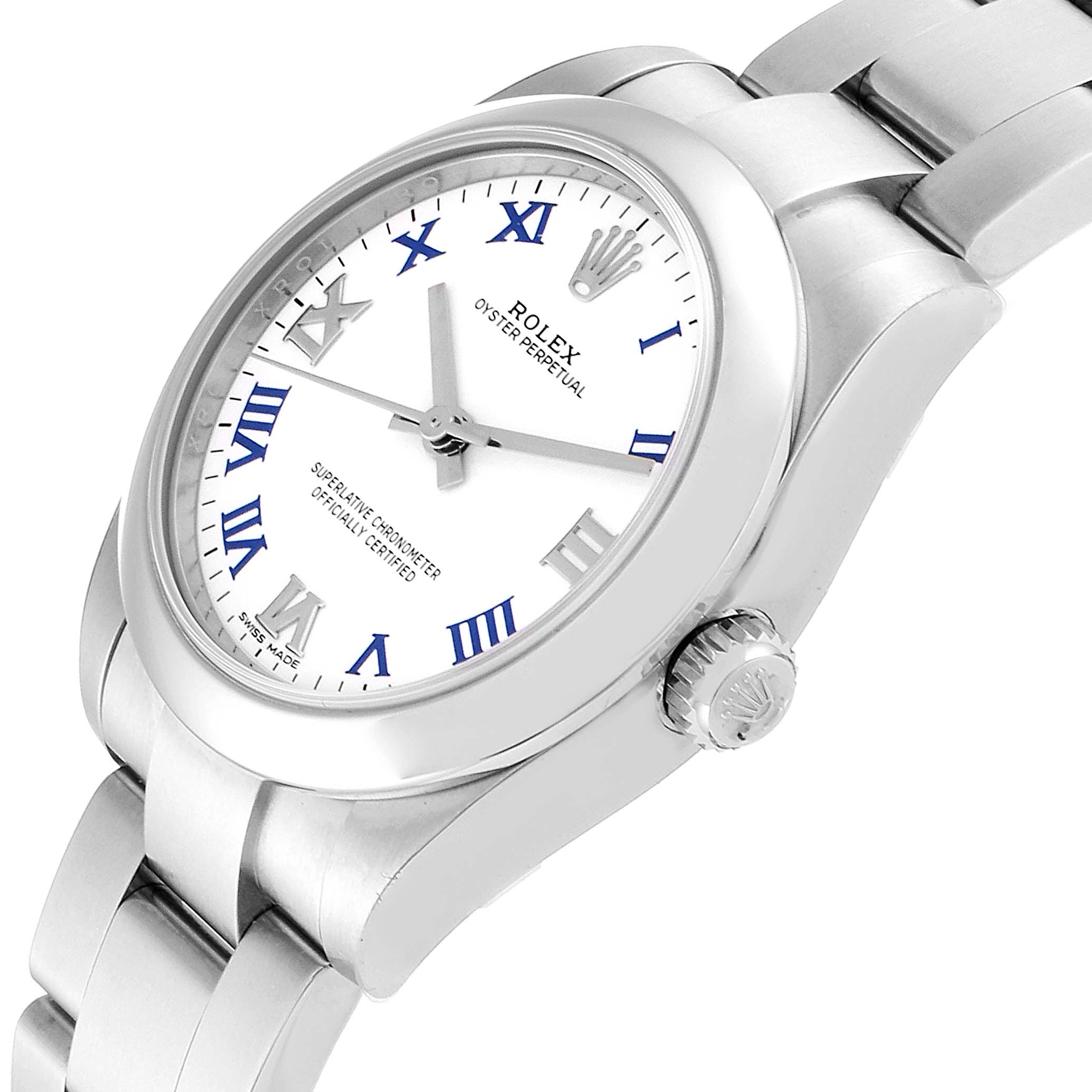 The image shows a Rolex Mid-Size 177200 Women
s Stainless Steel White Dial 177200 Women
s Stainless Steel White Dial Oyster Perpetual model watch at a slight angle, highlighting the face, crown, and bracelet.