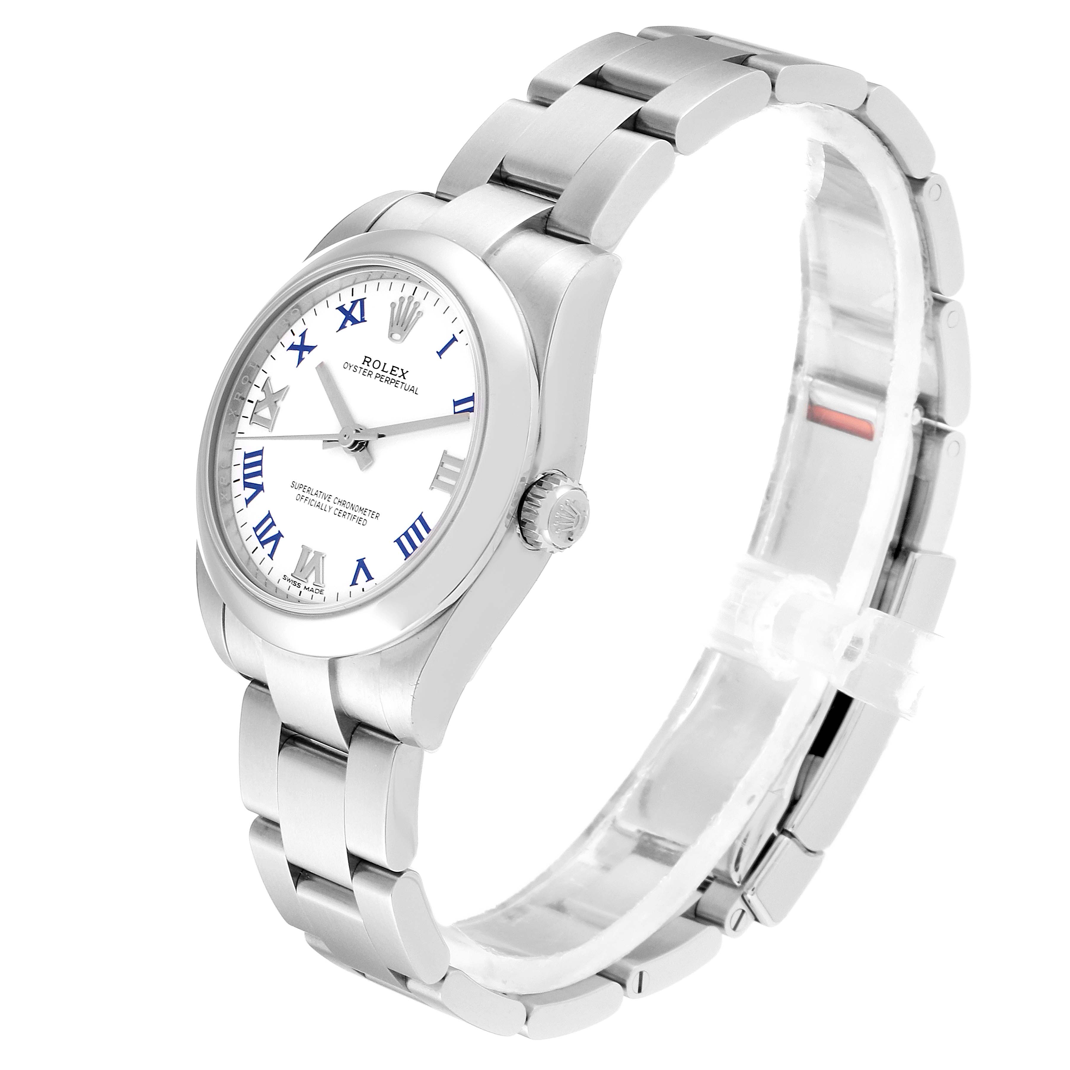 The image shows a Rolex Mid-Size 177200 Women
s Stainless Steel White Dial 177200 Women
s Stainless Steel White Dial model watch in a three-quarter angle, displaying the face, bezel, crown, and bracelet.