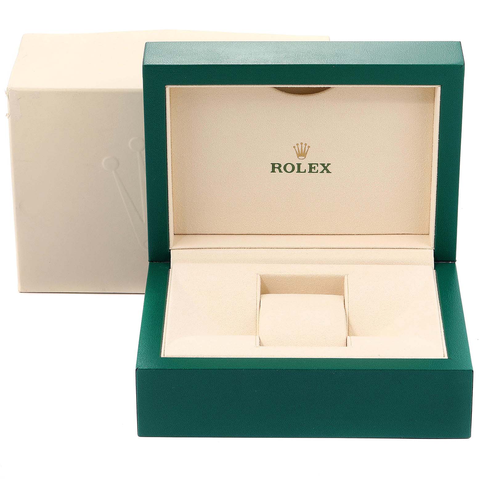 This image shows the open box and outer packaging for a Mid-Size Rolex watch.