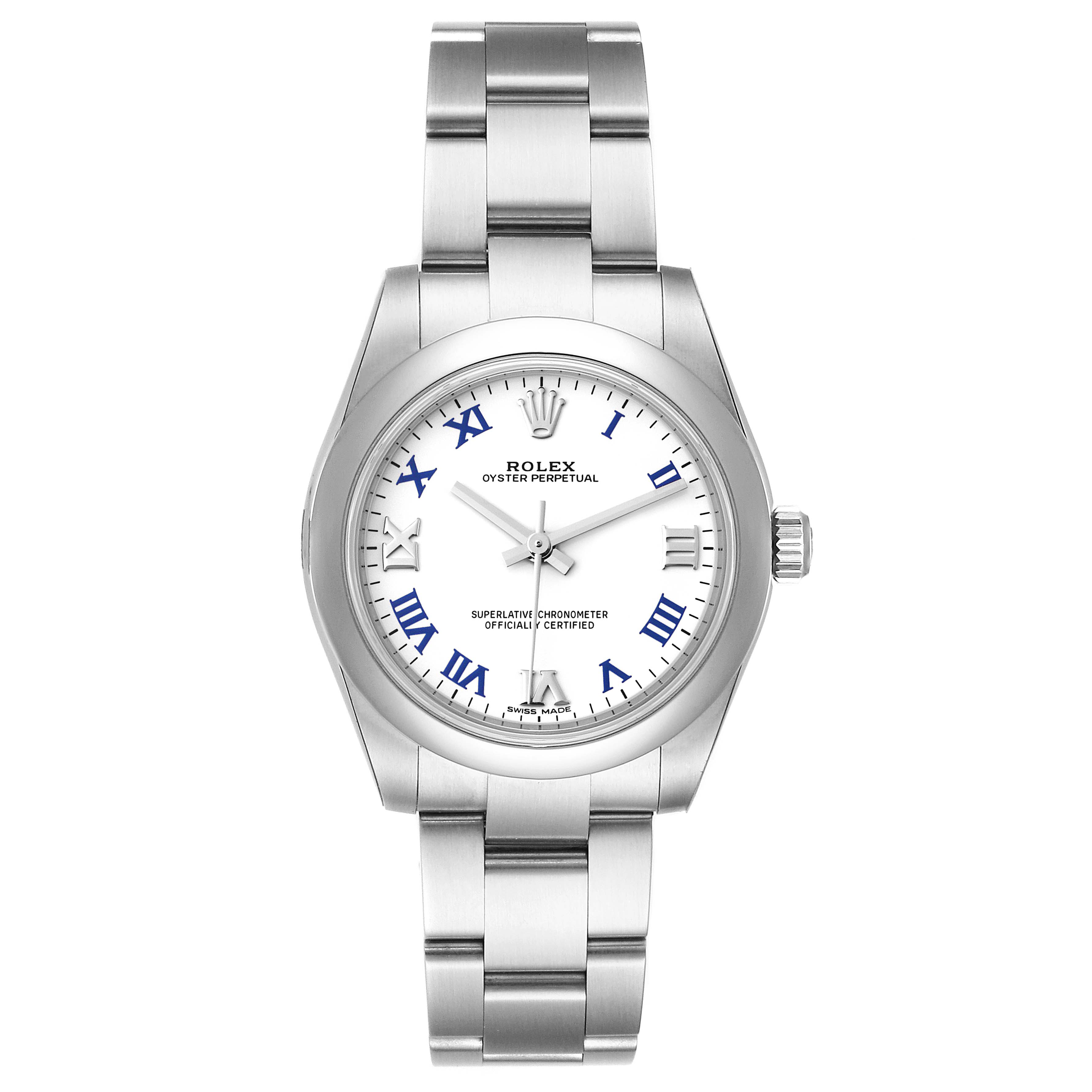 This image shows the front view of a Mid-Size Rolex Oyster Perpetual watch, displaying the dial, bezel, bracelet, and crown.