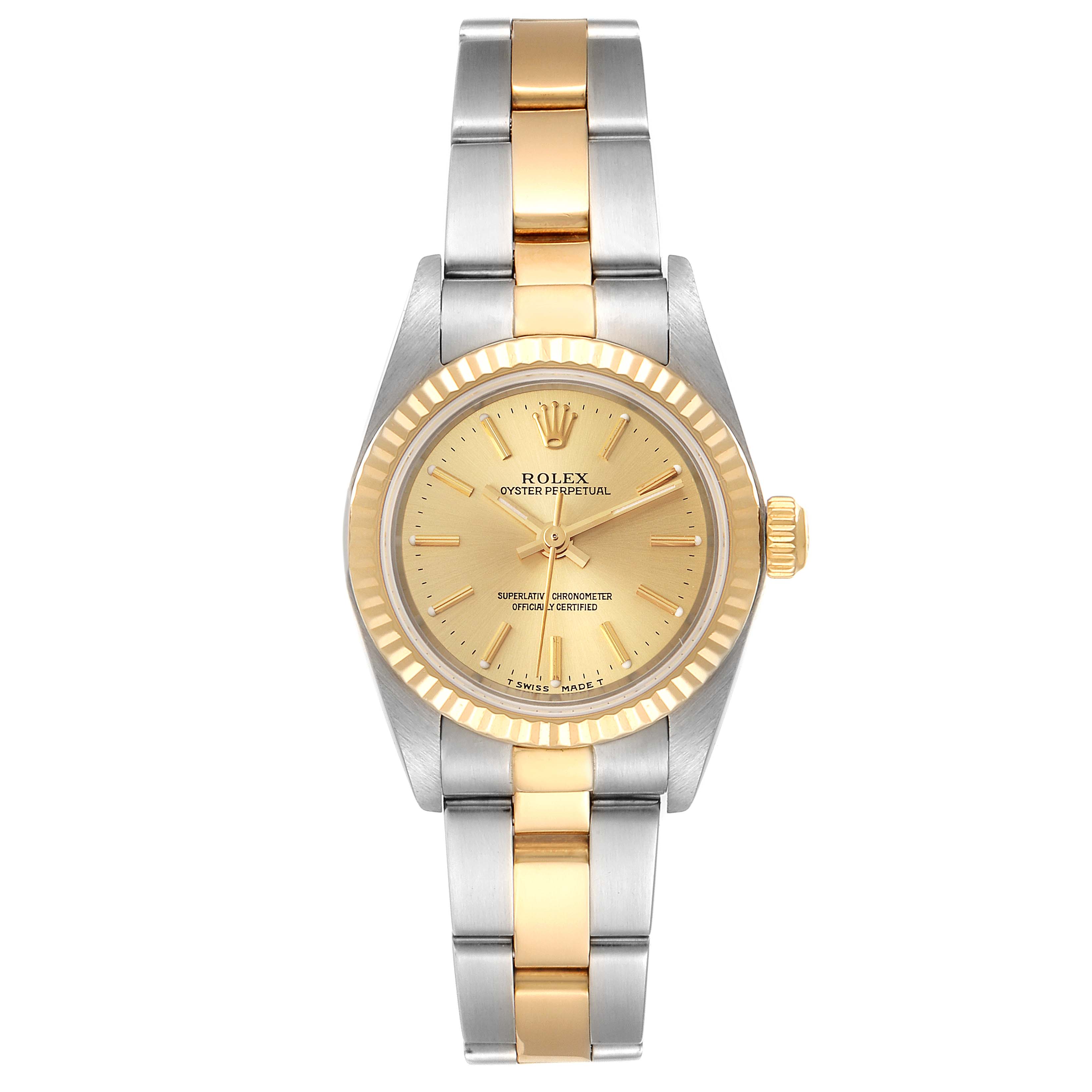 This image shows a Rolex Oyster Perpetual 76193 Women's Steel and Gold (two tone) Champagne Dial 76193 Women's Steel and Gold (two tone) Champagne Dial watch from a front angle, displaying its dial, crown, and two-tone bracelet.