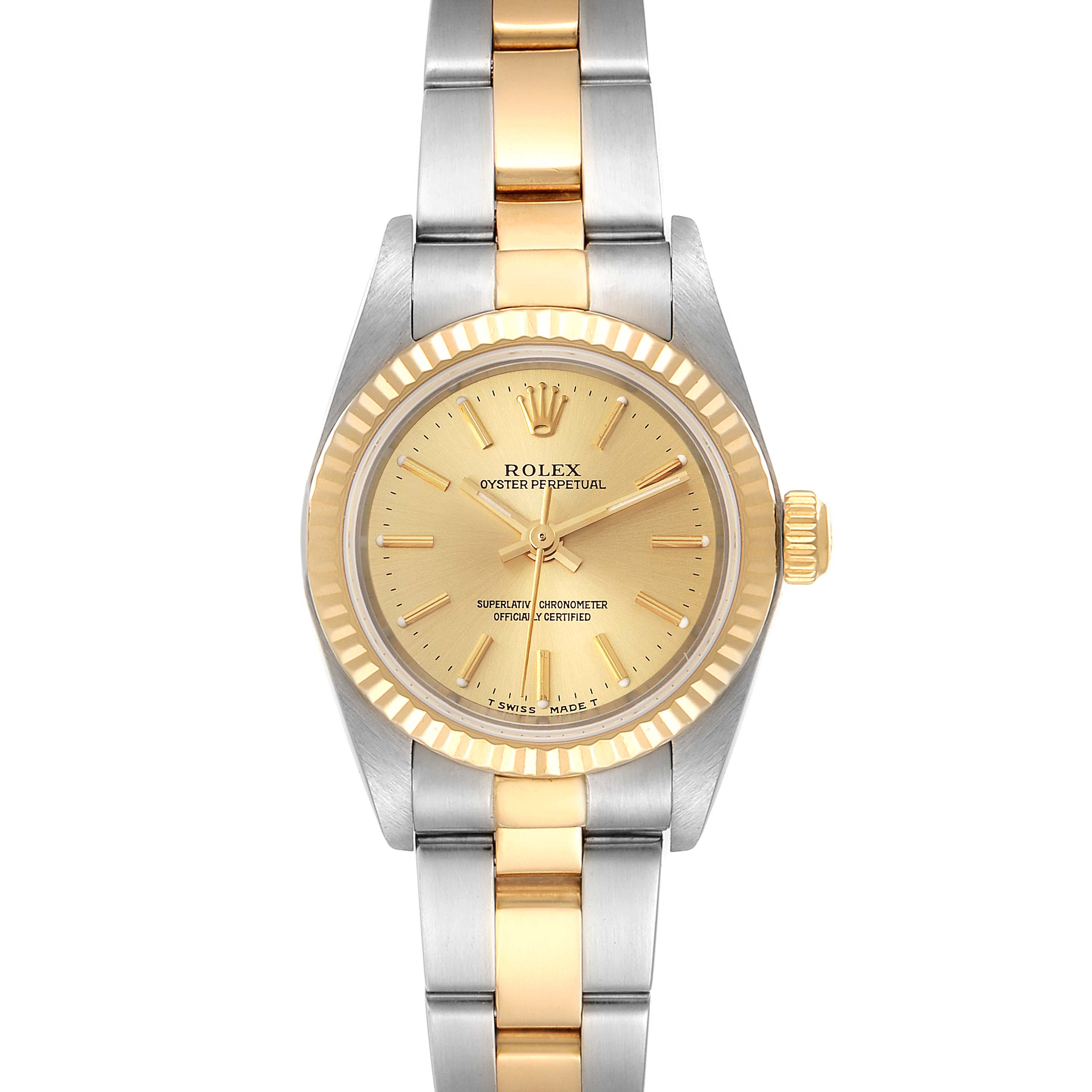 The image shows a frontal view of a Rolex Oyster Perpetual 76193 Women's Steel and Gold (two tone) Champagne Dial 76193 Women's Steel and Gold (two tone) Champagne Dial watch, displaying the face, bezel, and bracelet.