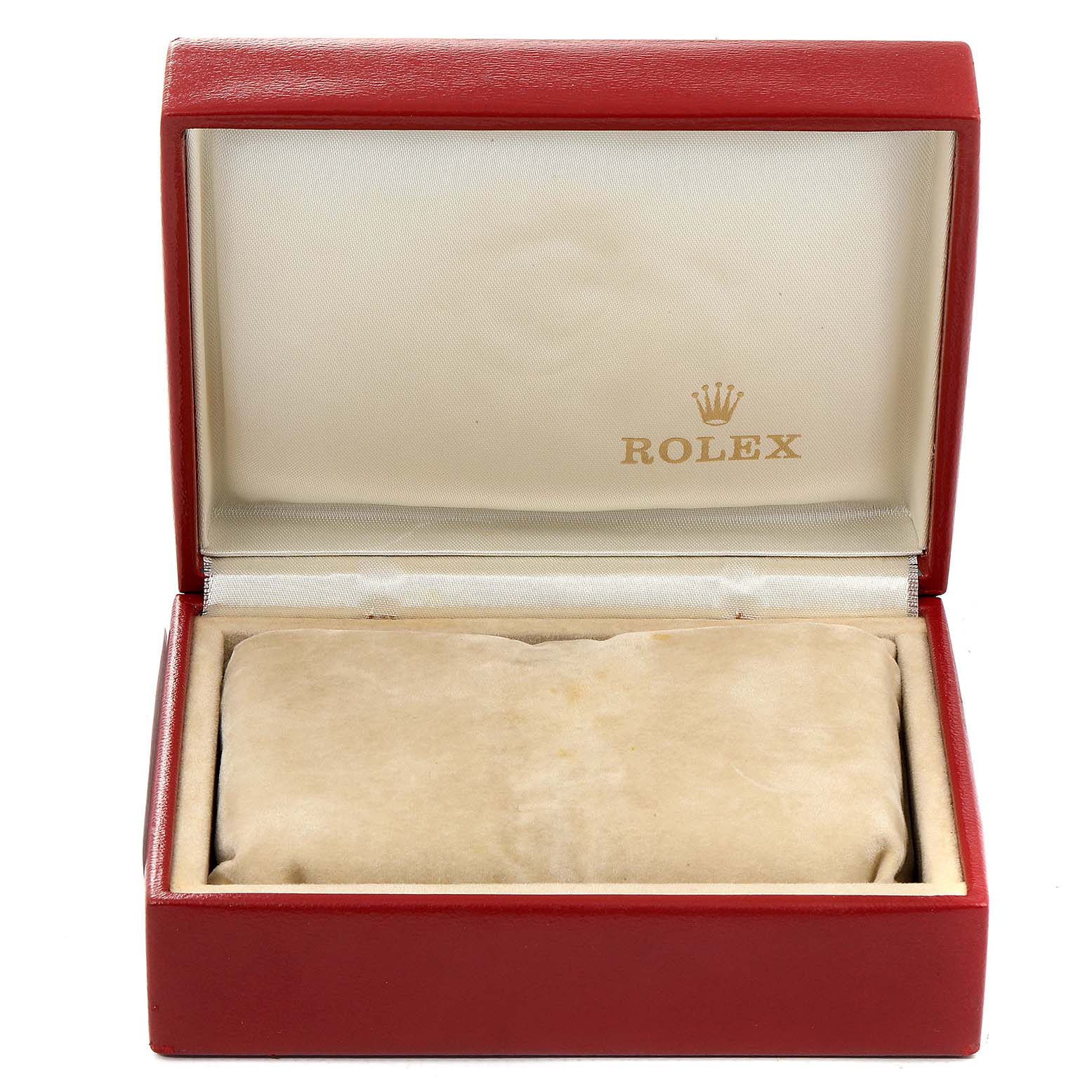 The image shows an empty red watch box for a Rolex Oyster Perpetual 76193 Women's Steel and Gold (two tone) Champagne Dial 76193 Women's Steel and Gold (two tone) Champagne Dial, viewed from the front with the lid open.