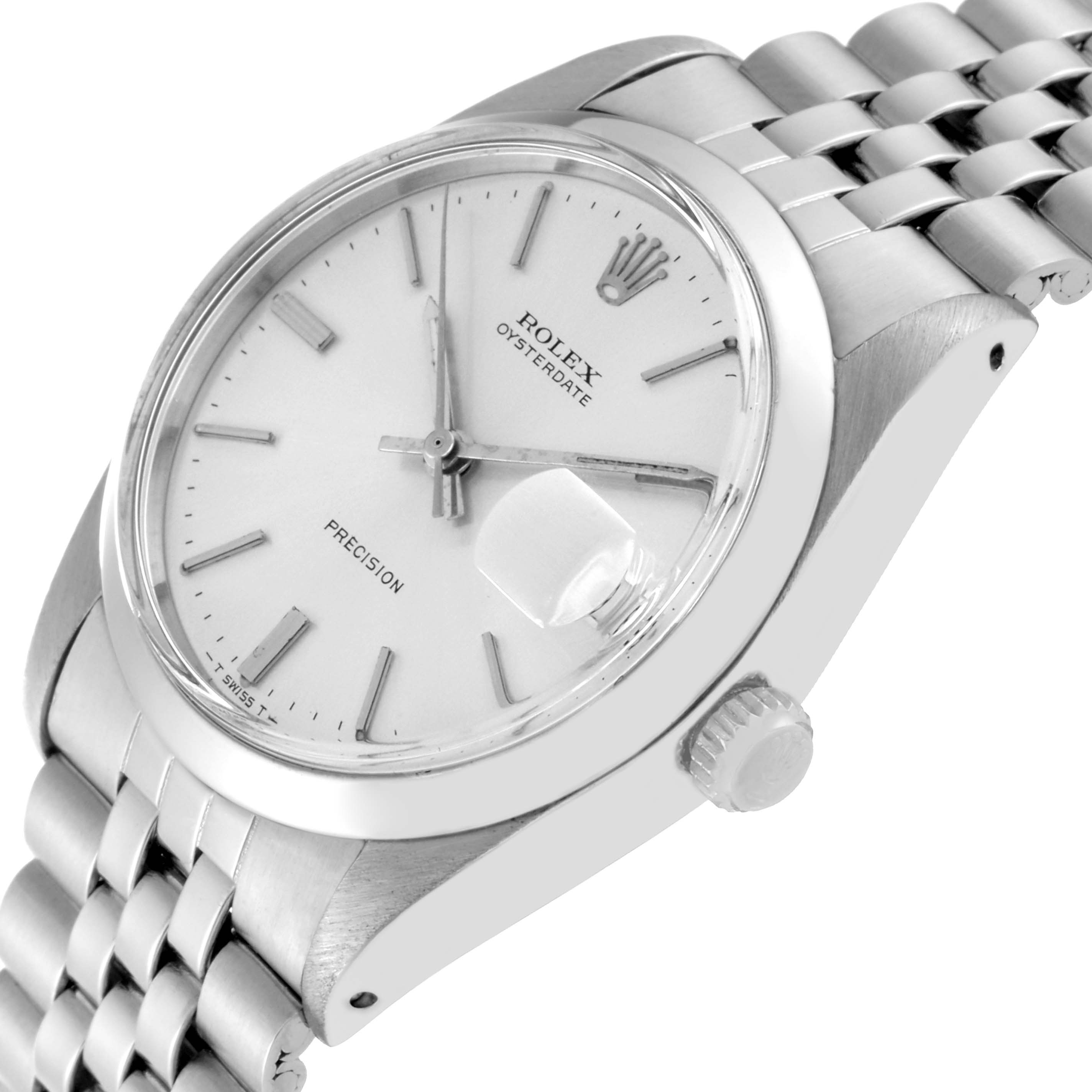 The Rolex Vintage Collection 6694 Men's Stainless Steel Silver Dial 6694 Men's Stainless Steel Silver Dial watch is shown at a tilted angle, displaying its face, crown, and a portion of its bracelet.
