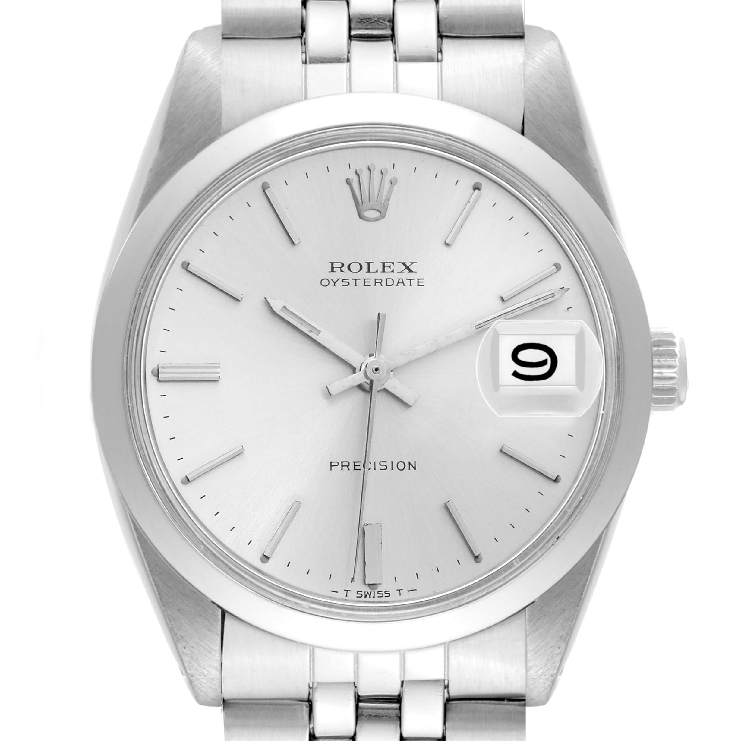 The image shows a front view of the Rolex Vintage Collection 6694 Men's Stainless Steel Silver Dial 6694 Men's Stainless Steel Silver Dial model, highlighting the face, crown, and part of the bracelet.