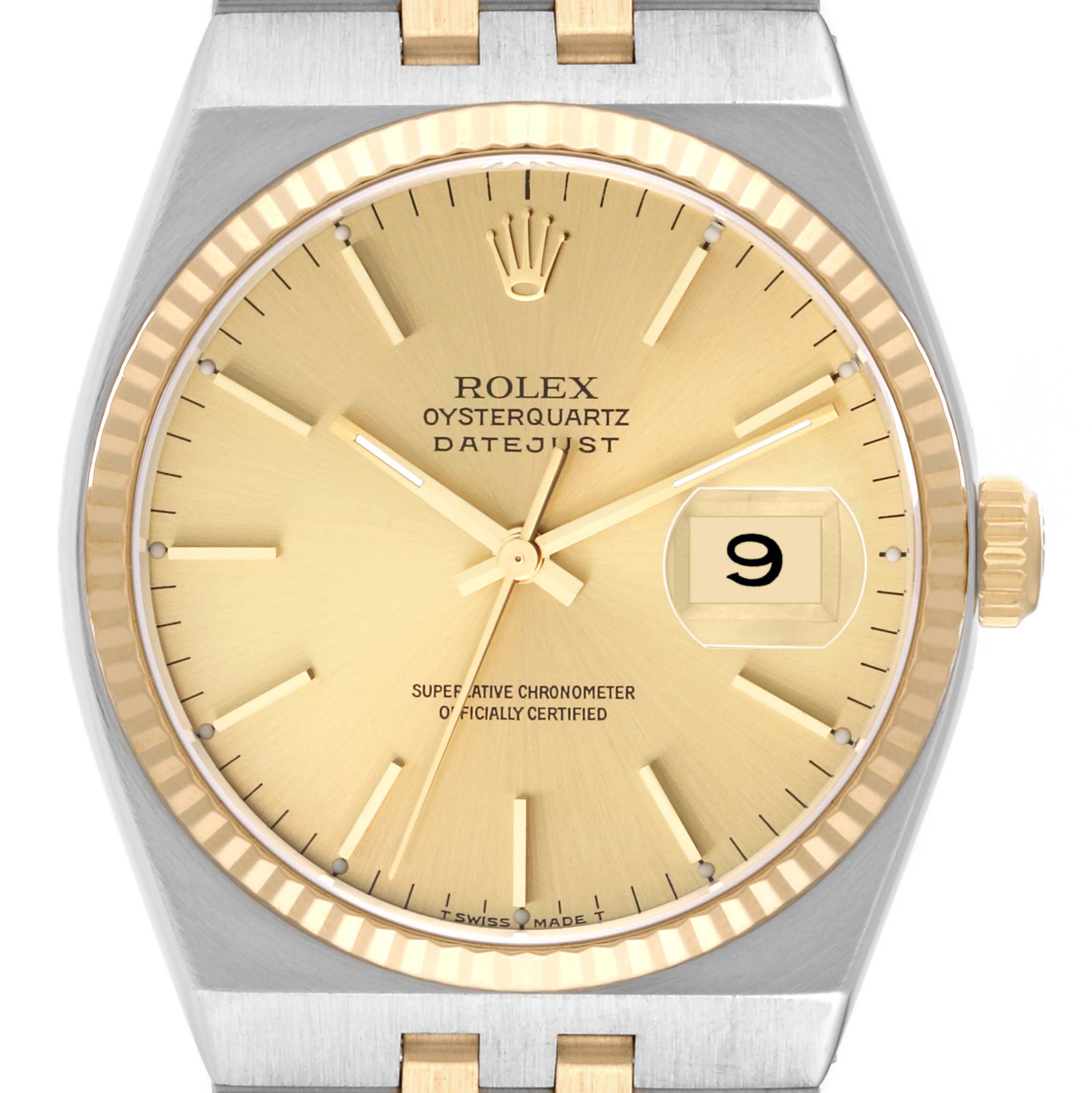 The image shows a front view of the Rolex Oysterquartz 17013 Men's Steel and Gold (two tone) Champagne Dial 17013 Men's Steel and Gold (two tone) Champagne Dial Datejust watch, highlighting its gold dial, hands, and fluted bezel.