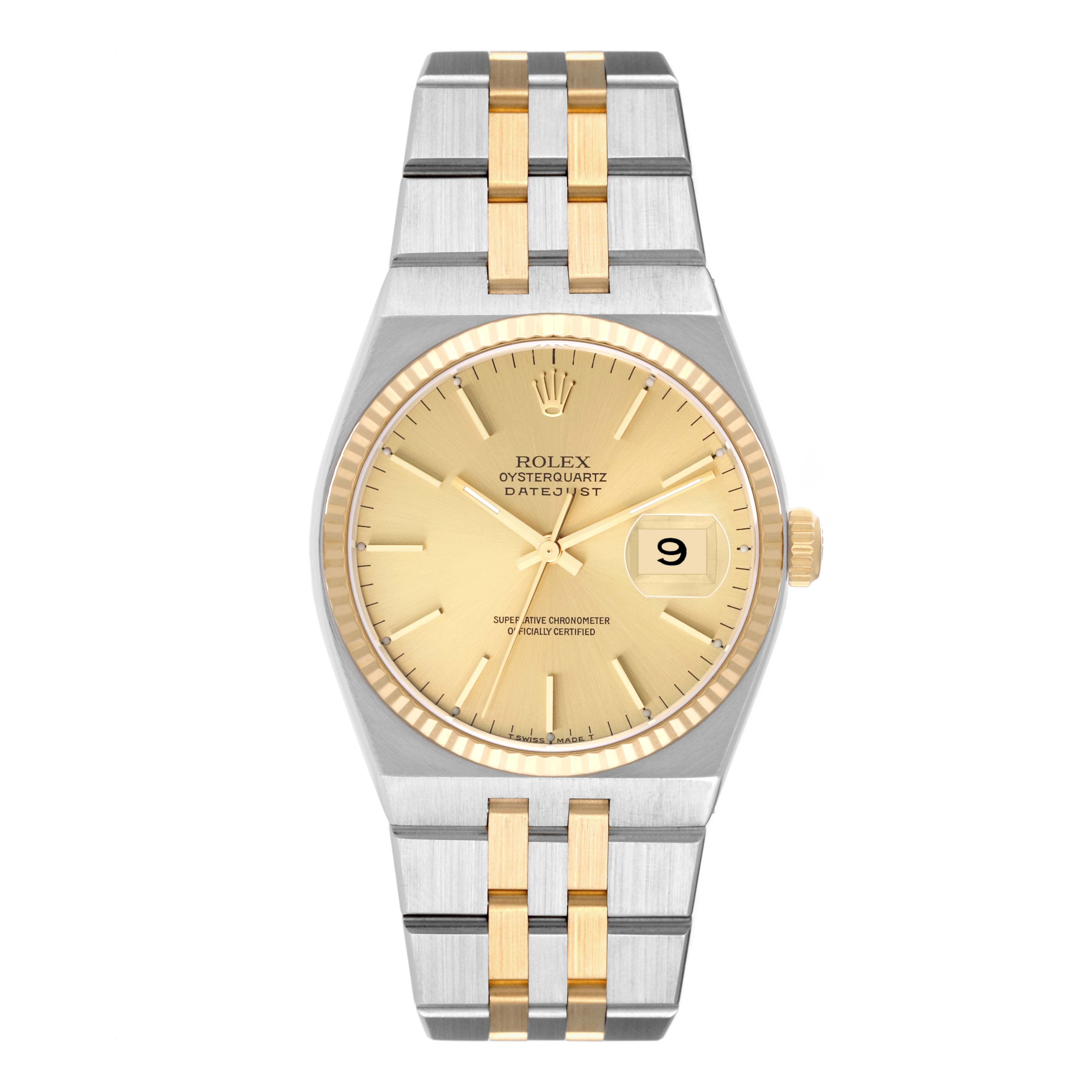 This is a front view of a Rolex Oysterquartz 17013 Men's Steel and Gold (two tone) Champagne Dial 17013 Men's Steel and Gold (two tone) Champagne Dial Datejust watch showing the dial, hands, date window, and bracelet.