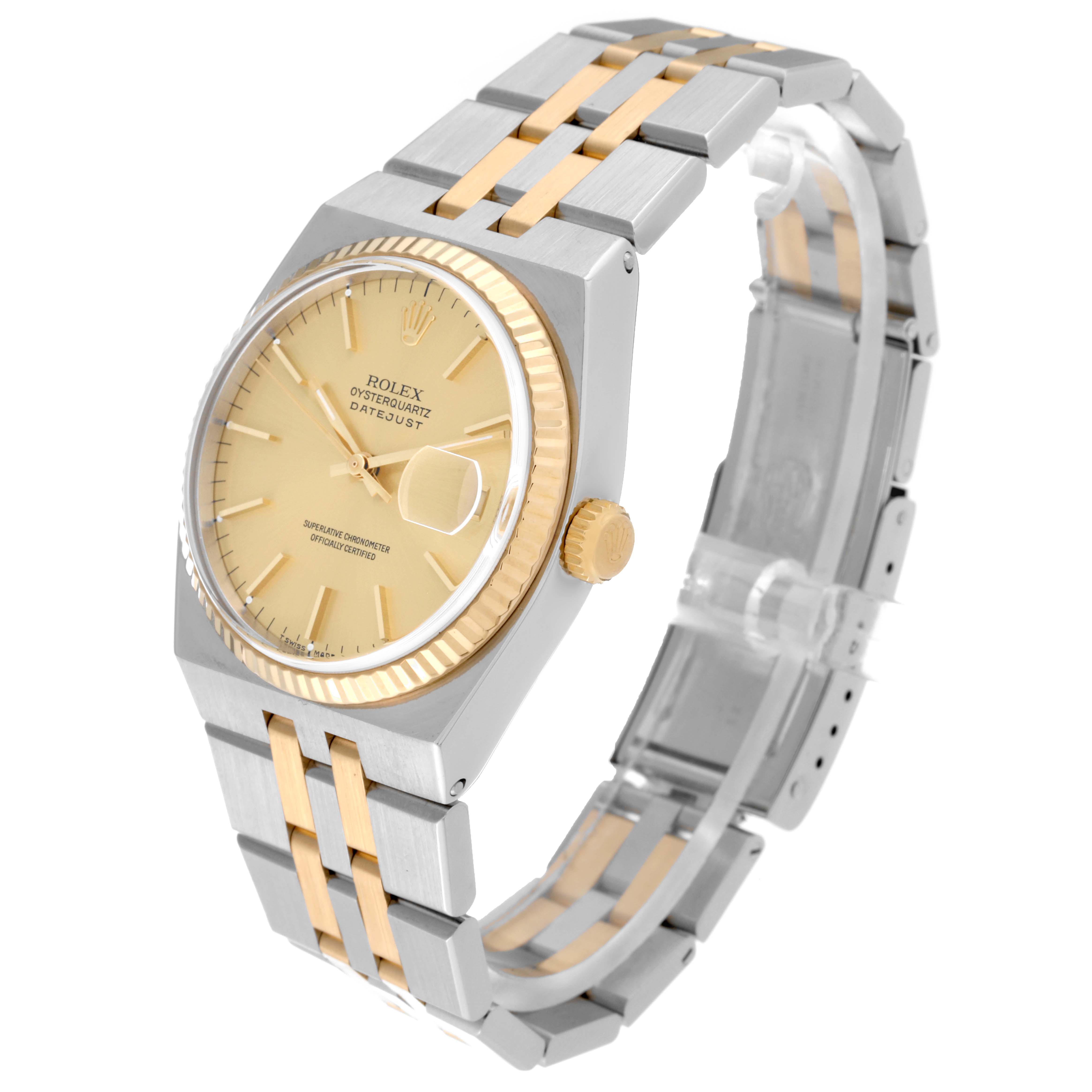 This image shows a Rolex Oysterquartz 17013 Men's Steel and Gold (two tone) Champagne Dial 17013 Men's Steel and Gold (two tone) Champagne Dial watch at a three-quarter angle, displaying the dial, crown, and part of the bracelet.