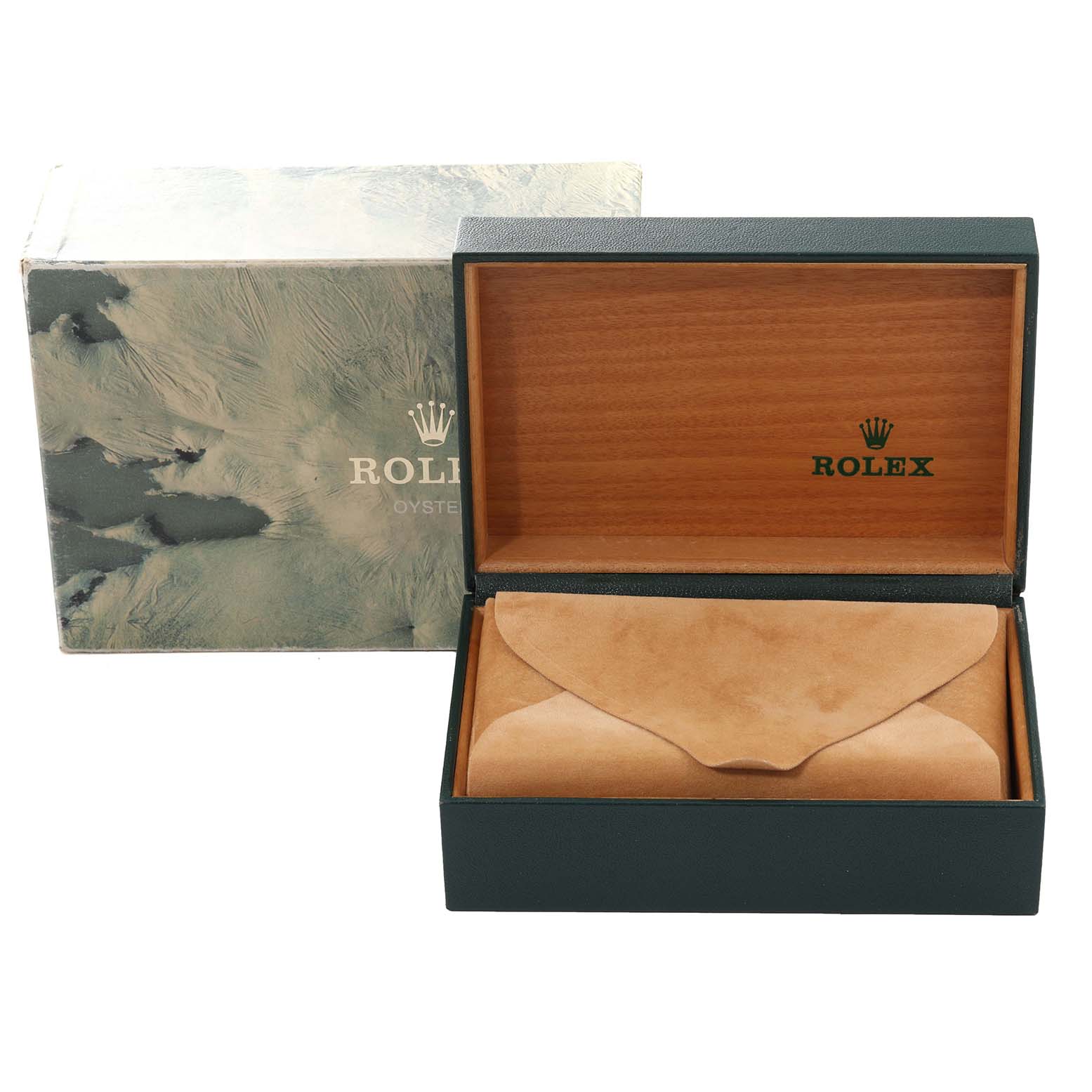 An open Rolex Oysterquartz 17013 Men's Steel and Gold (two tone) Champagne Dial 17013 Men's Steel and Gold (two tone) Champagne Dial watch box is displayed, revealing its interior with a suede watch pouch inside.