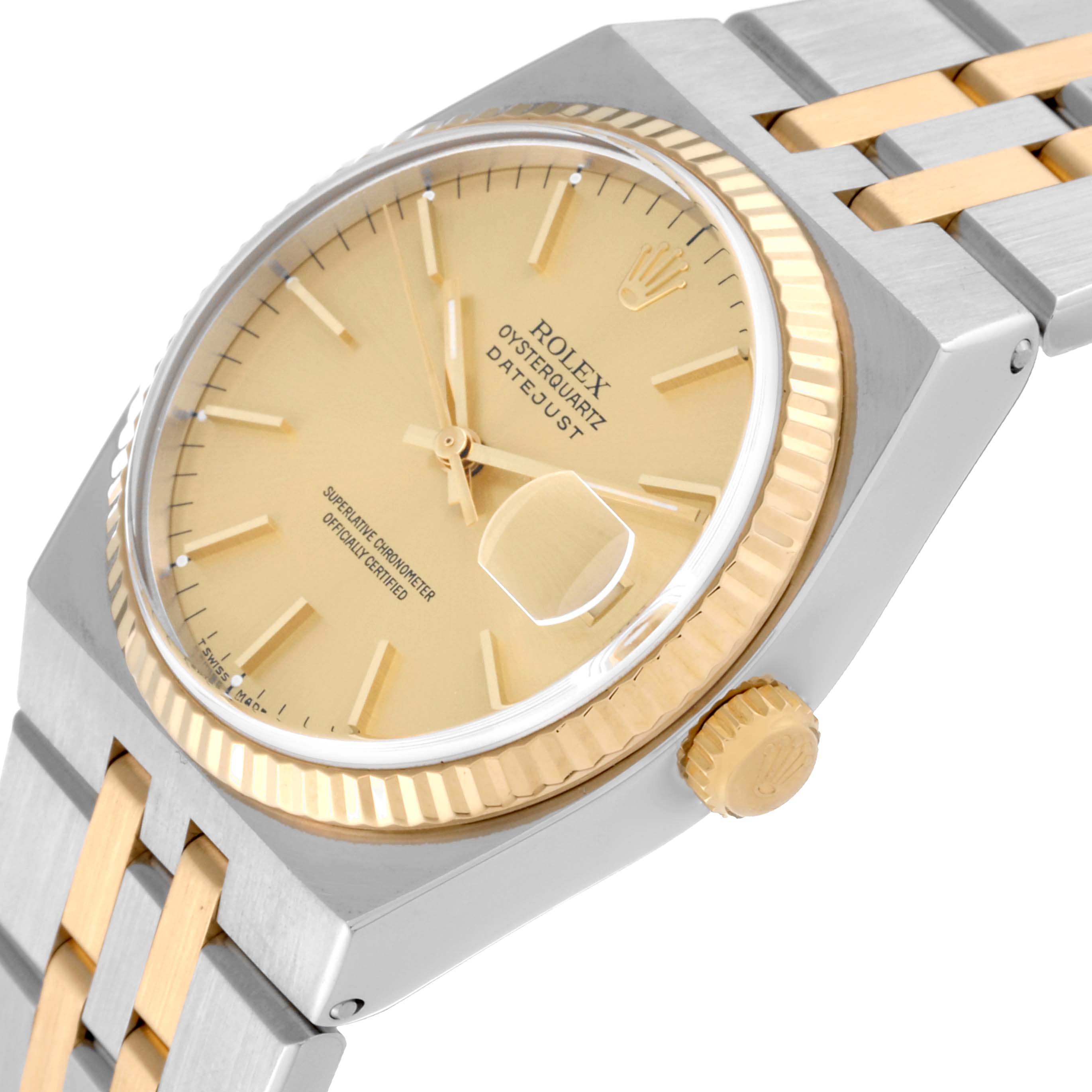This image shows a close-up, angled view of the Rolex Oysterquartz 17013 Men's Steel and Gold (two tone) Champagne Dial 17013 Men's Steel and Gold (two tone) Champagne Dial watch, highlighting the dial, bezel, crown, and part of the bracelet.